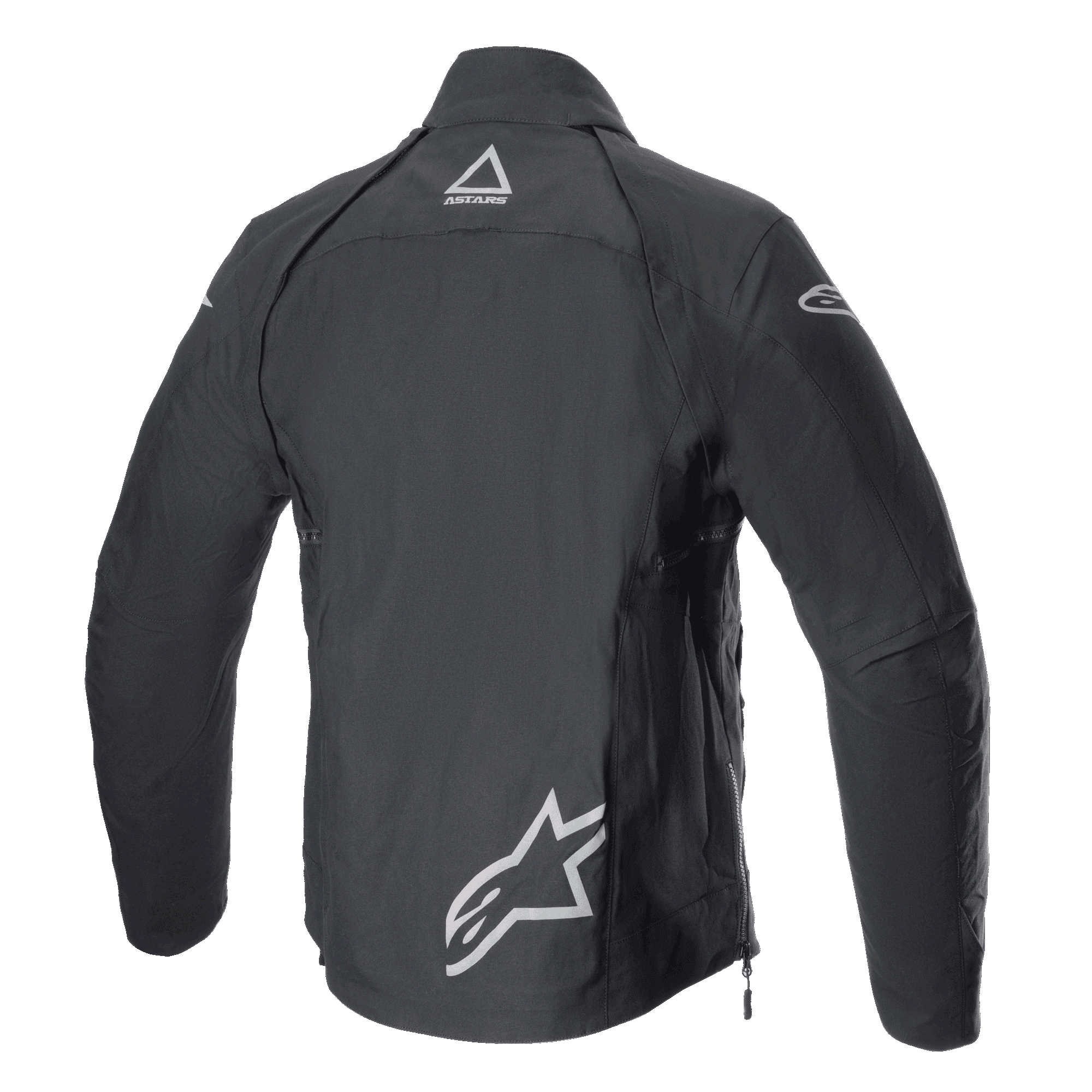 Chaqueta Techdura de Alpinestars, Black Reflex, vista trasera de chaqueta de moto textil para todoterreno, con logotipos reflectantes de Alpinestars en la parte inferior de la espalda y en la parte superior del cuello, diseño robusto para conducción de enduro y aventura