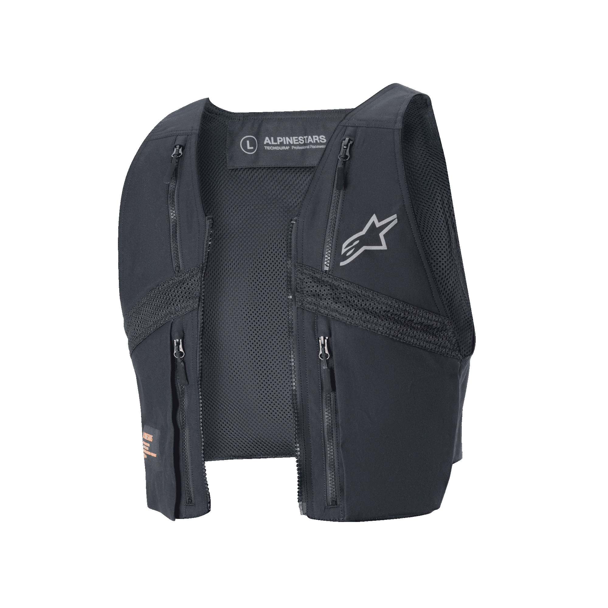 Alpinestars Techdura Tactical Vest, negro, chaleco de enduro desmontable para la chaqueta Techdura, con cuatro bolsillos en el pecho con cremallera, paneles de malla para ventilación y un logotipo gris de Alpinestars