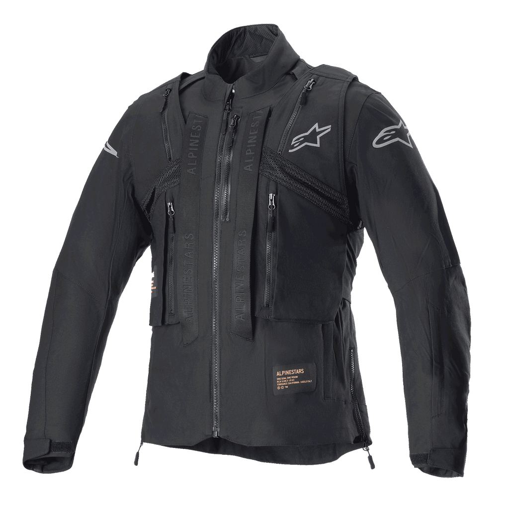 Chaqueta Alpinestars Techdura, Black Reflex, chaqueta de moto off-road con chaleco táctico integrado, vista frontal, con múltiples bolsillos utilitarios, construcción textil resistente y logotipos plateados de Alpinestars, diseñada para conducción de enduro