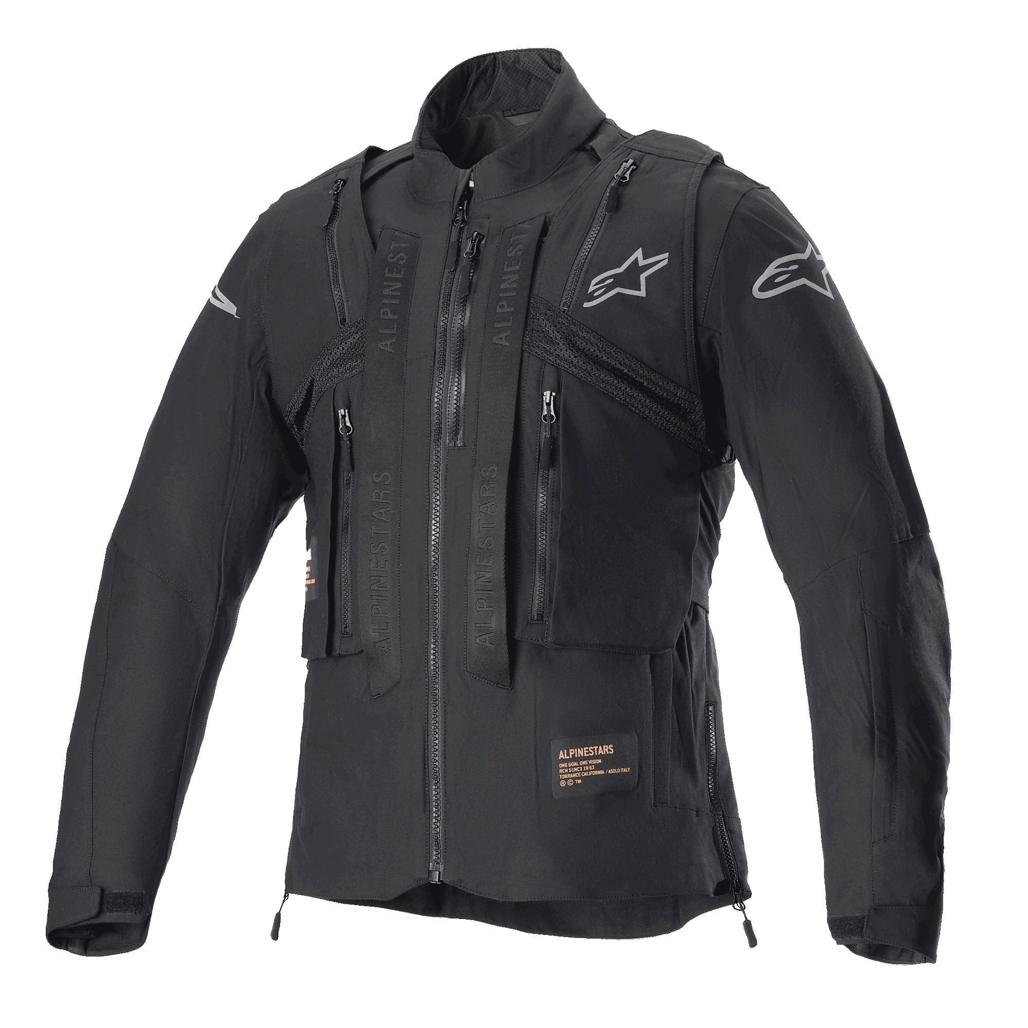 Chaqueta Alpinestars Techdura, Black Reflex, chaqueta de moto off-road con chaleco táctico integrado, vista frontal, con múltiples bolsillos utilitarios, construcción textil resistente y logotipos plateados de Alpinestars, diseñada para conducción de enduro