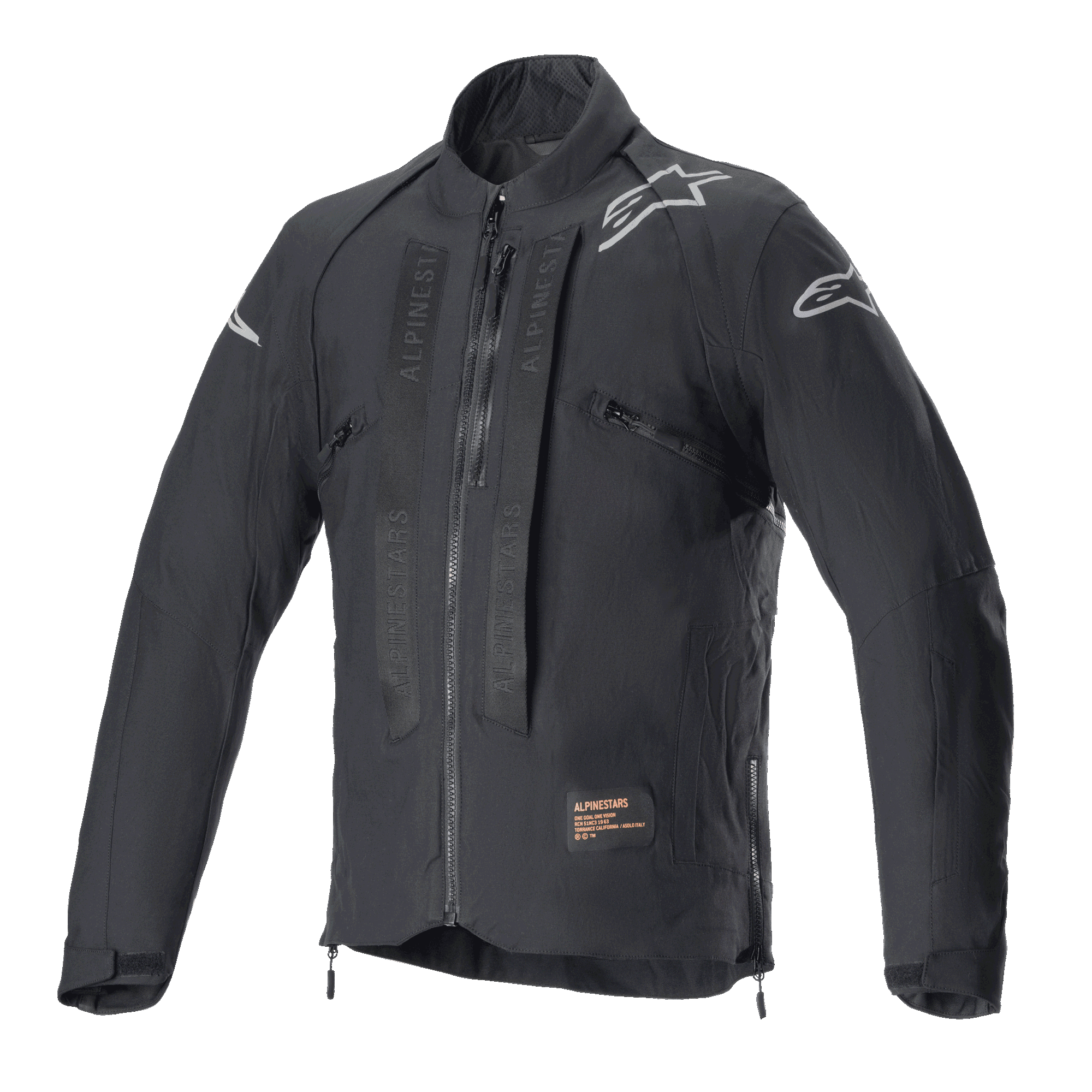 Chaqueta Alpinestars Techdura, chaqueta de motociclismo off-road en color Black Reflex, con logos de estrella blancos en los hombros, marca Alpinestars tonal en los paneles del pecho, cremallera frontal y construcción textil duradera, diseño técnico para enduro