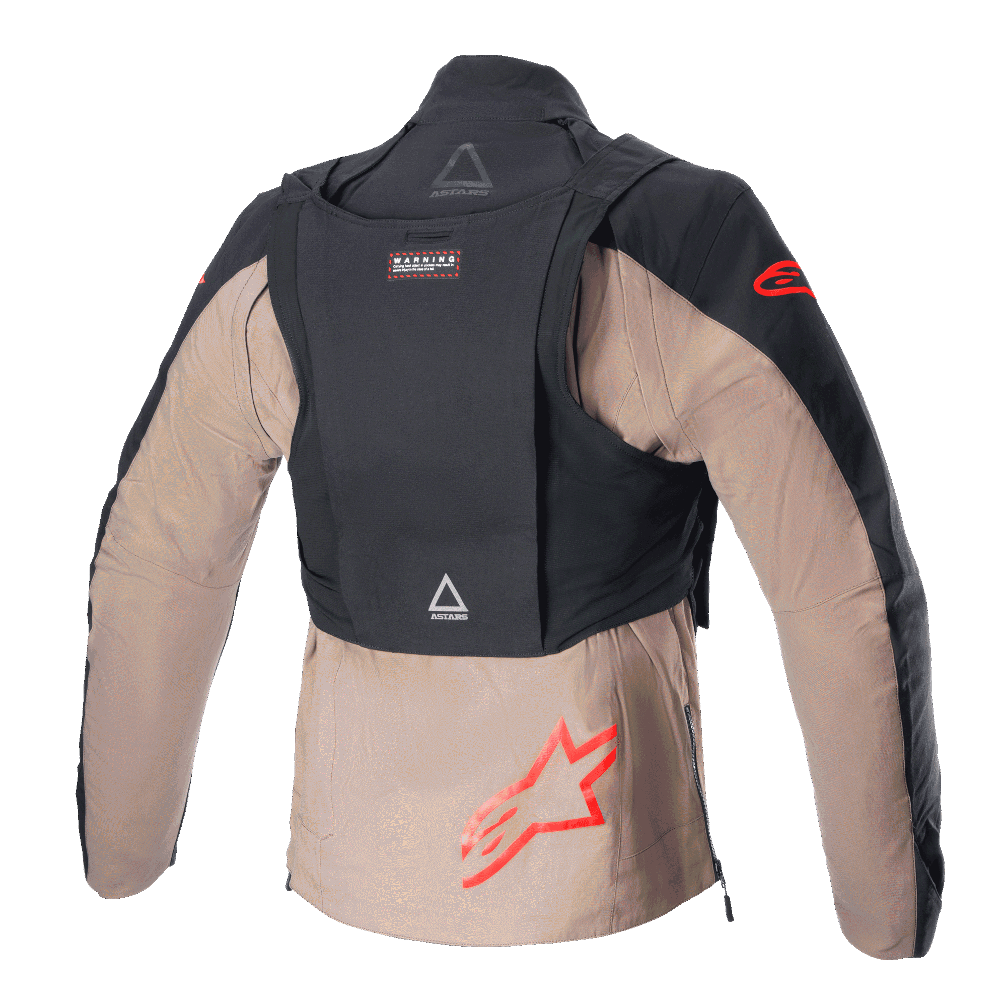 Chaqueta Alpinestars Techdura, Black Falcon Brown, vista trasera que muestra el paquete táctico desmontable, logotipos rojos de la estrella Alpinestars, construcción textil robusta para enduro y conducción todoterreno