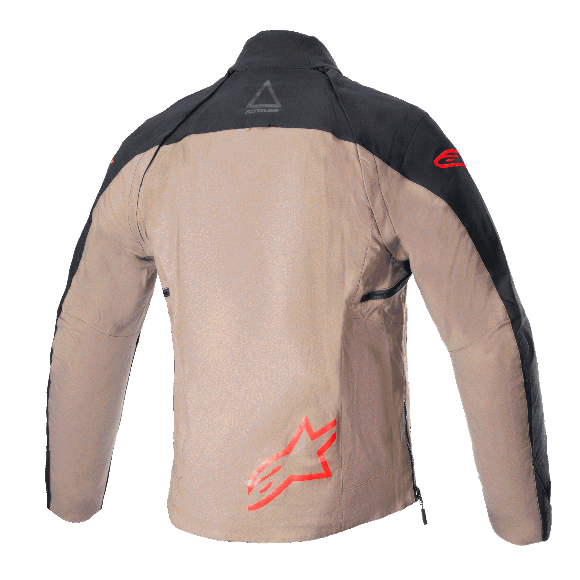 Alpinestars Techdura Jacket, chaqueta de enduro y todoterreno, negro y marrón Falcon, vista trasera sin chaleco táctico, con logotipos rojos de Astars y construcción de lona de poliamida resistente