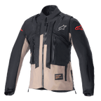 Alpinestars Chaqueta Techdura, chaqueta de enduro todoterreno, negro y marrón Falcon, con diseño modular con chaleco táctico integrado, múltiples bolsillos utilitarios, confección textil resistente y logotipos de Alpinestars en el pecho y las mangas.