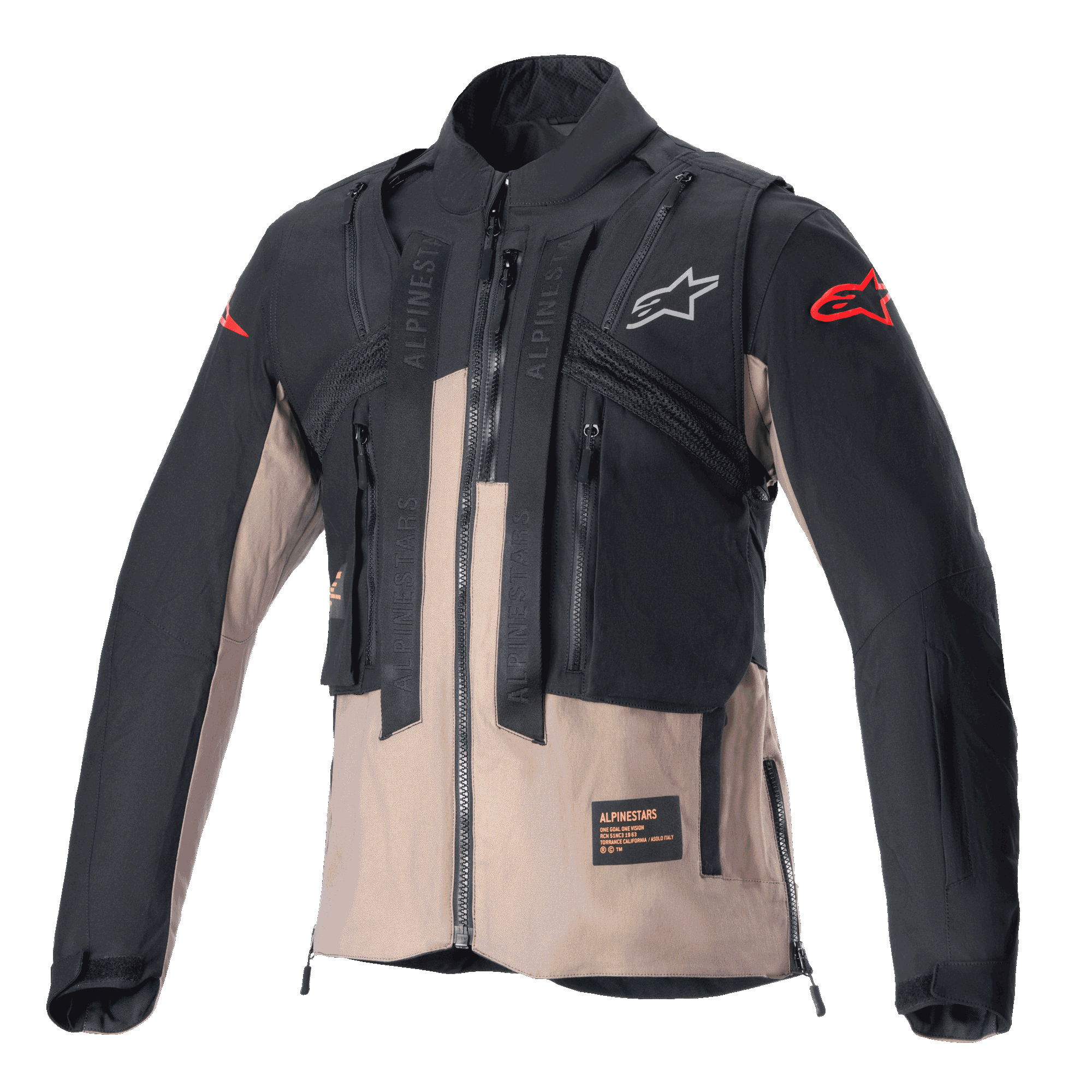 Alpinestars Chaqueta Techdura, chaqueta de enduro todoterreno, negro y marrón Falcon, con diseño modular con chaleco táctico integrado, múltiples bolsillos utilitarios, confección textil resistente y logotipos de Alpinestars en el pecho y las mangas.