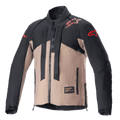 Alpinestars Chaqueta Techdura, chaqueta de moto todoterreno, negro y marrón Falcon, diseño bicolor con logotipos de estrella rojos en hombros y mangas, correas verticales con la marca Alpinestars en el pecho, material textil duradero