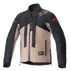 Alpinestars Chaqueta Techdura, chaqueta de moto todoterreno, negro y marrón Falcon, diseño bicolor con logotipos de estrella rojos en hombros y mangas, correas verticales con la marca Alpinestars en el pecho, material textil duradero