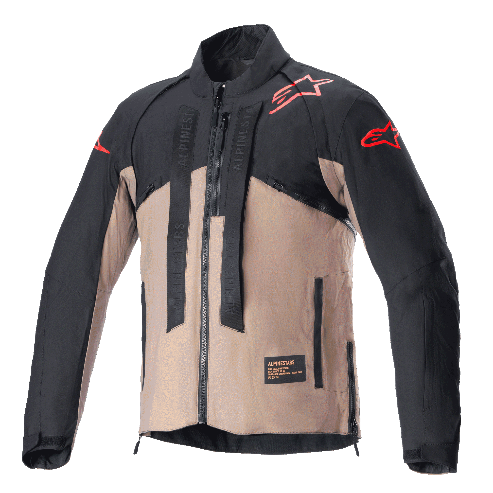 Alpinestars Chaqueta Techdura, chaqueta de moto todoterreno, negro y marrón Falcon, diseño bicolor con logotipos de estrella rojos en hombros y mangas, correas verticales con la marca Alpinestars en el pecho, material textil duradero