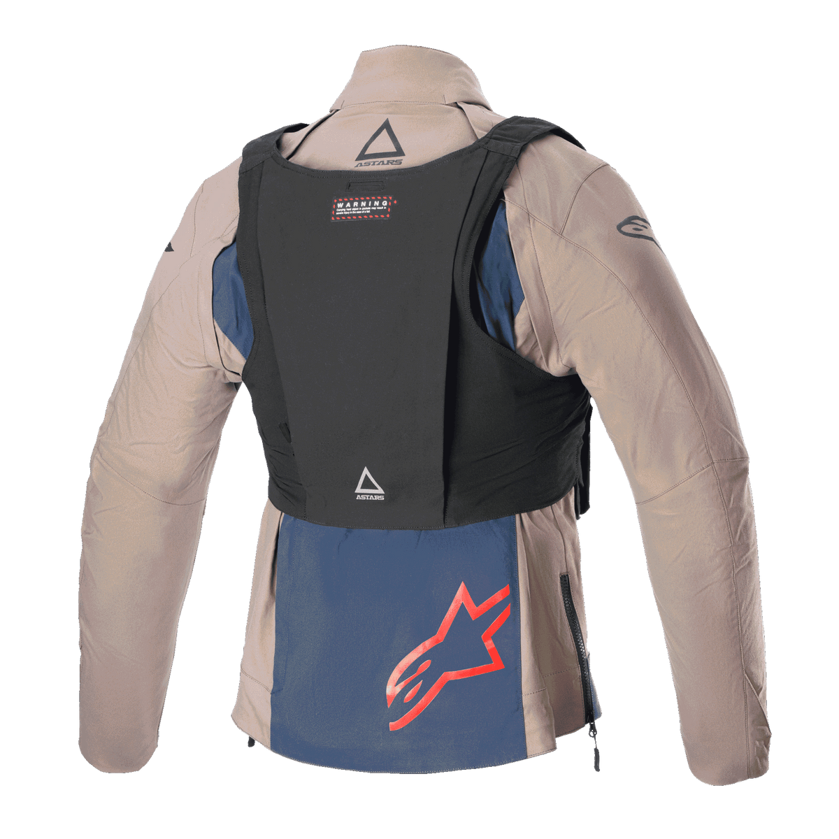 Chaqueta Alpinestars Techdura, Falcon Brown y Night Navy, vista trasera con chaleco táctico negro, con logotipo rojo de Alpinestars en el panel inferior azul marino, construcción textil robusta para enduro y conducción todoterreno