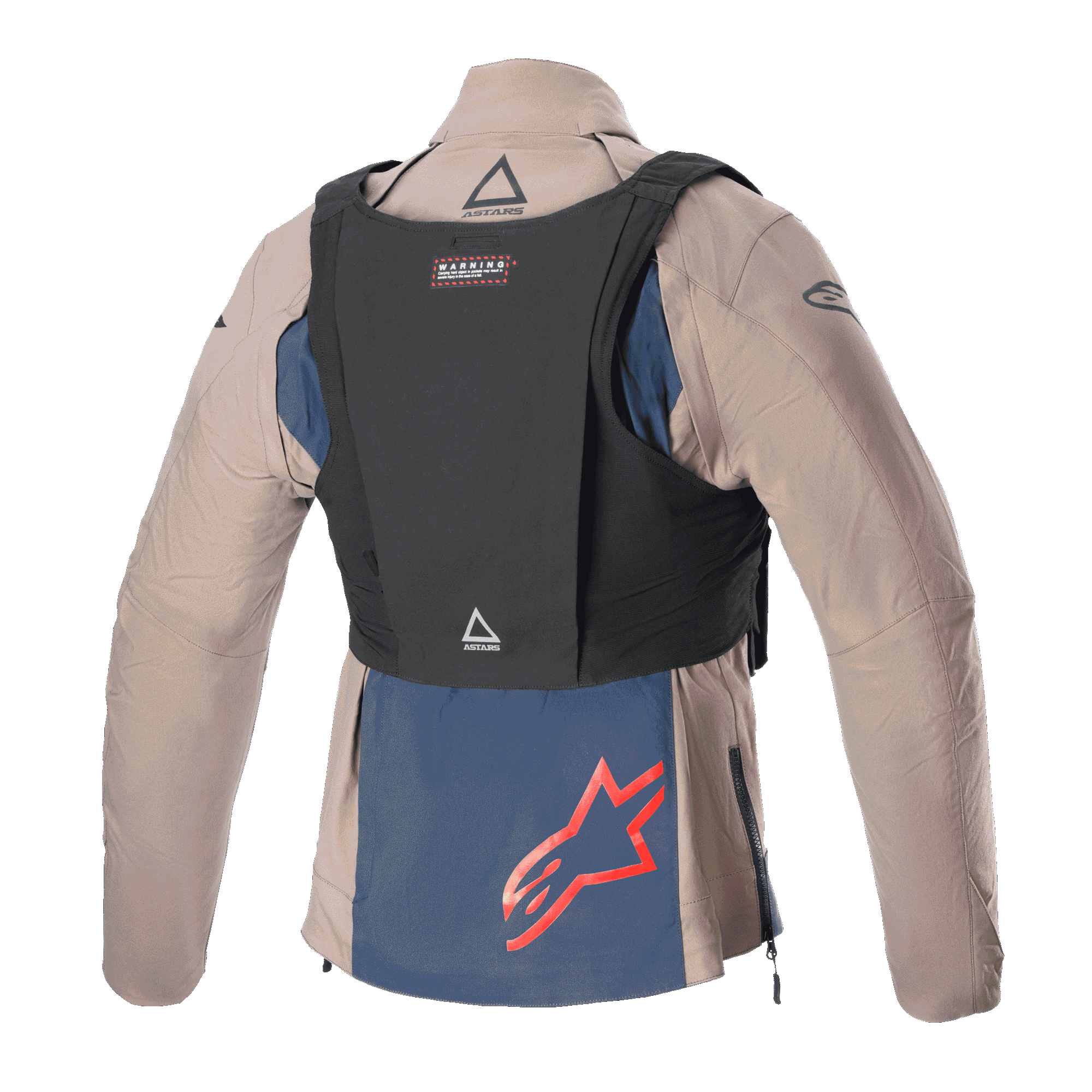 Chaqueta Alpinestars Techdura, Falcon Brown y Night Navy, vista trasera con chaleco táctico negro, con logotipo rojo de Alpinestars en el panel inferior azul marino, construcción textil robusta para enduro y conducción todoterreno