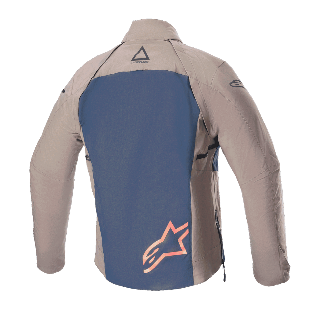 Chaqueta Alpinestars Techdura, vista trasera, marrón Falcon y azul Night Navy, con panel posterior azul marino y un gran logotipo de estrella naranja, mangas y hombros de tejido marrón, construcción de poliamida elástica duradera para enduro y conducción todoterreno