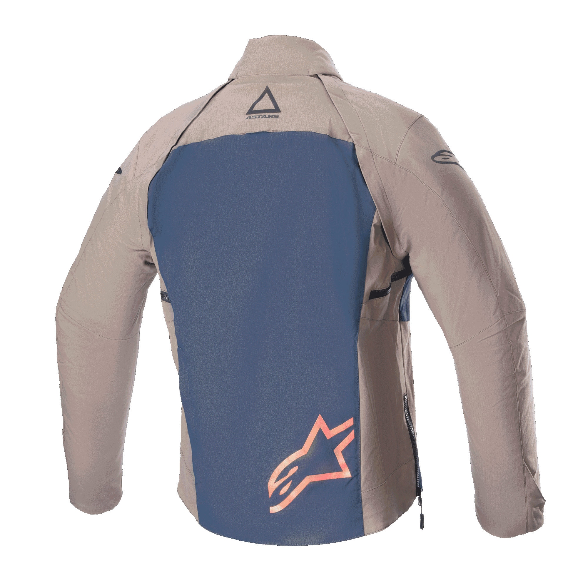 Chaqueta Alpinestars Techdura, vista trasera, marrón Falcon y azul Night Navy, con panel posterior azul marino y un gran logotipo de estrella naranja, mangas y hombros de tejido marrón, construcción de poliamida elástica duradera para enduro y conducción todoterreno