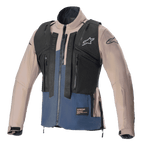 Chaqueta Alpinestars Techdura, marrón Falcon y azul Night Navy, con un chaleco táctico desmontable negro con múltiples bolsillos con cremallera, construcción robusta de poliamida elástica, logo de estrella en el pecho y las mangas, diseñada para enduro y conducción todoterreno.