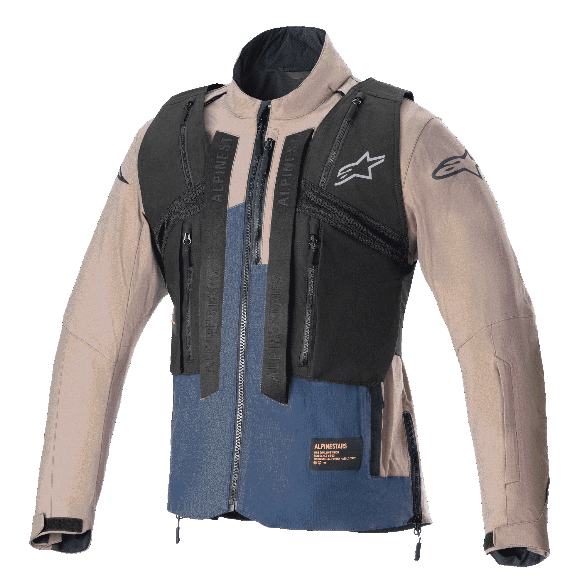 Chaqueta Alpinestars Techdura, marrón Falcon y azul Night Navy, con un chaleco táctico desmontable negro con múltiples bolsillos con cremallera, construcción robusta de poliamida elástica, logo de estrella en el pecho y las mangas, diseñada para enduro y conducción todoterreno.