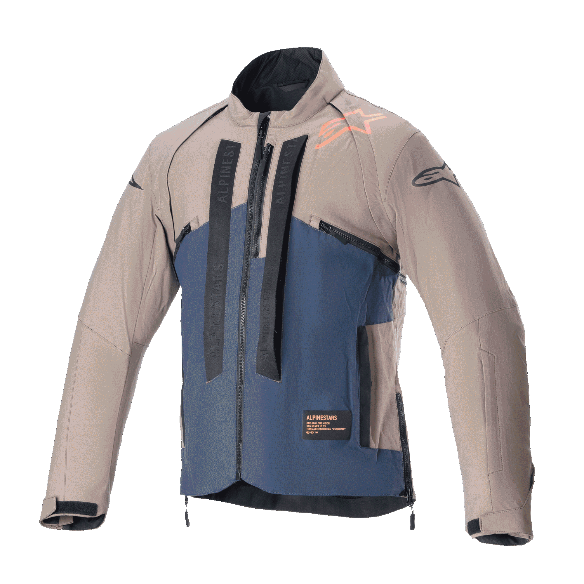 Chaqueta Alpinestars Techdura, chaqueta de moto todoterreno, marrón Falcon y azul noche, vista frontal, construcción en dos tonos con marca Alpinestars vertical en negro, logotipo naranja en el hombro, cuello alto y cremallera frontal, prenda técnica para enduro y conducción de aventura