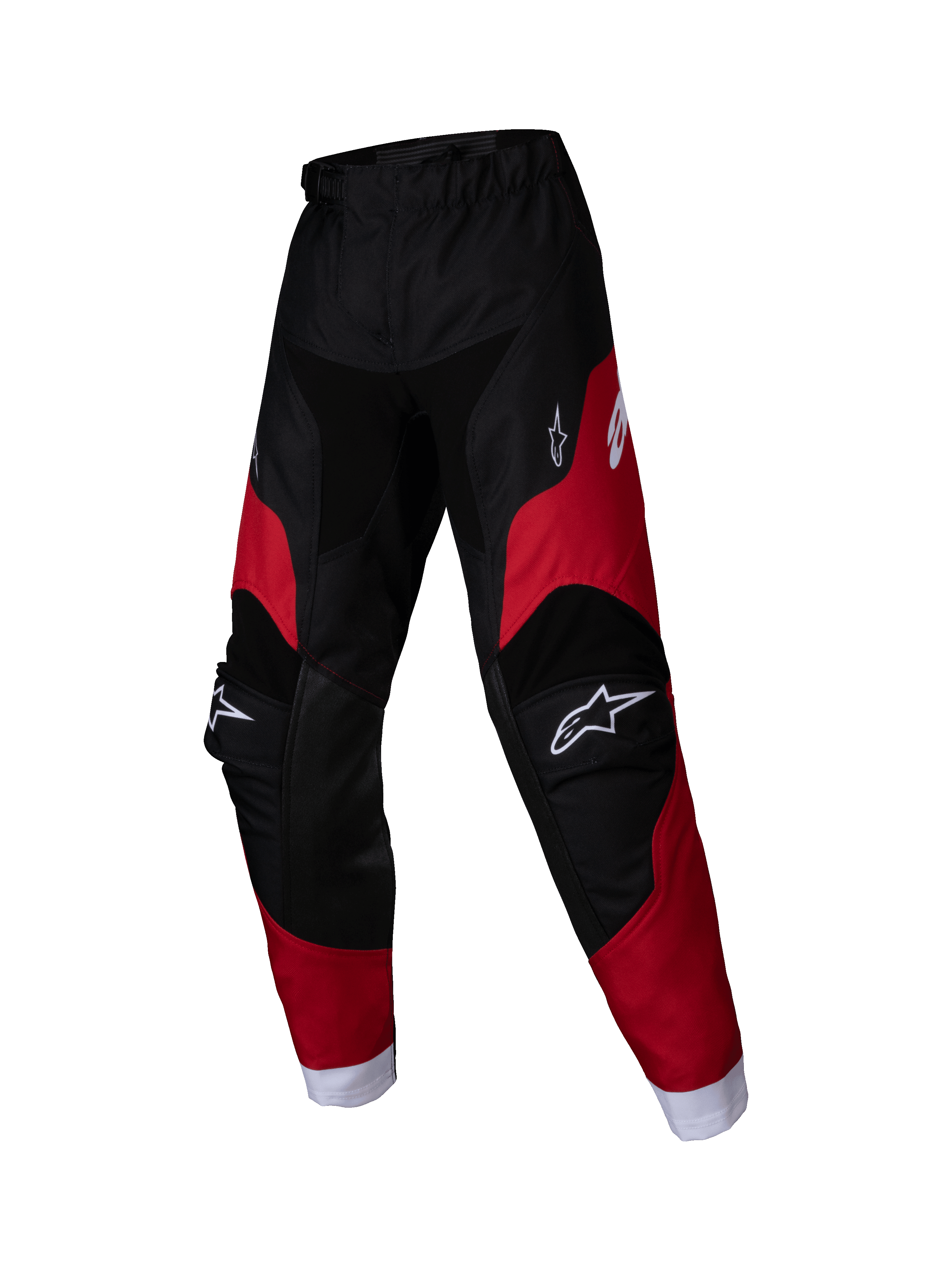 Alpinestars 2025 Kids Racer Veil Pants, pantalones de motocross juveniles, negro y rojo brillante, logotipos blancos en muslos y rodillas, puños blancos en los tobillos, diseño ergonómico precurvado, material duradero para carreras off-road