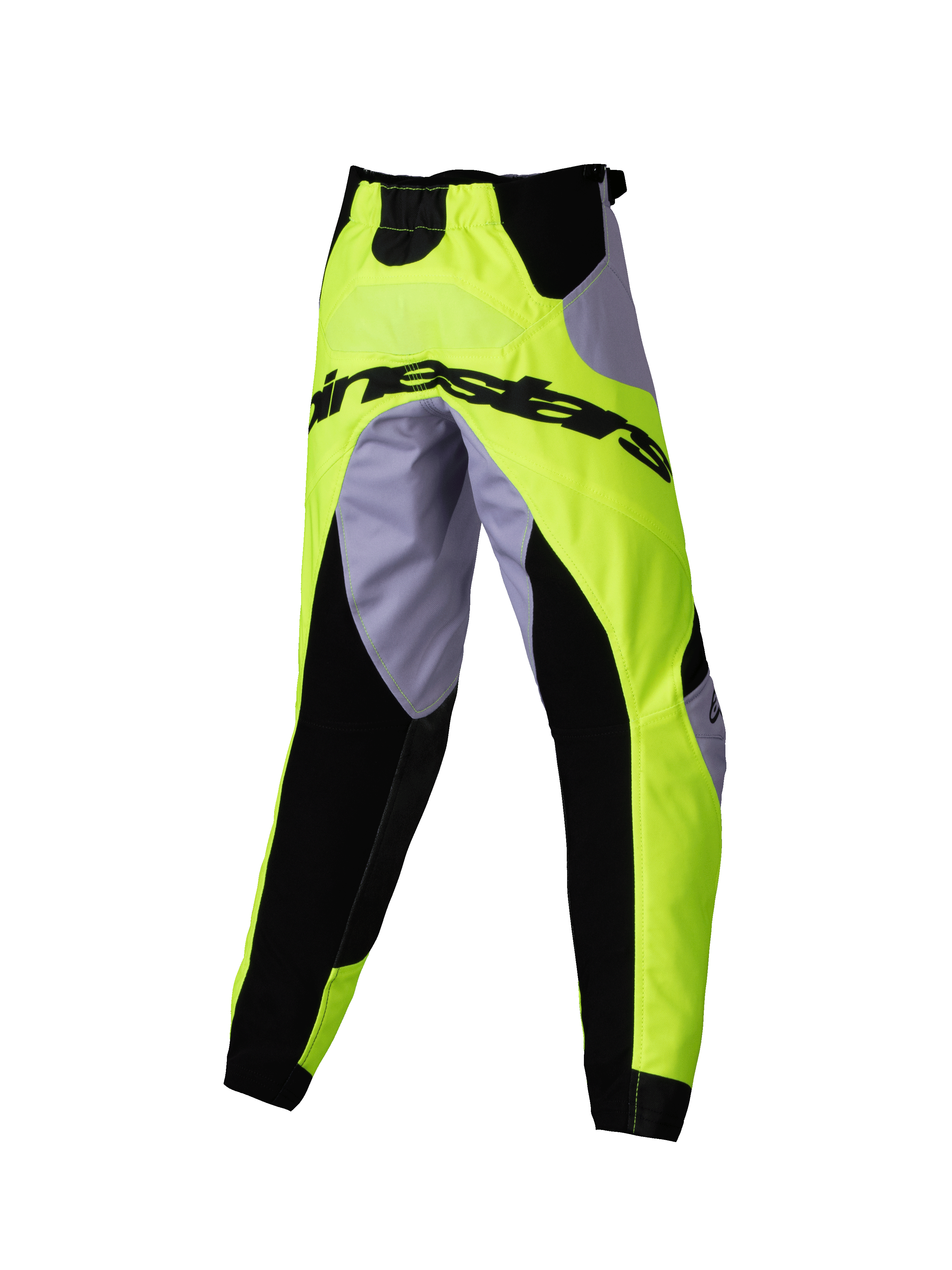 Alpinestars Kids Racer Veil Pants 2025, pantalones de motocross para niños, gris y amarillo flúor, con paneles elásticos negros y el logotipo de Alpinestars en la parte trasera, diseño ergonómico deportivo para carreras off-road juveniles