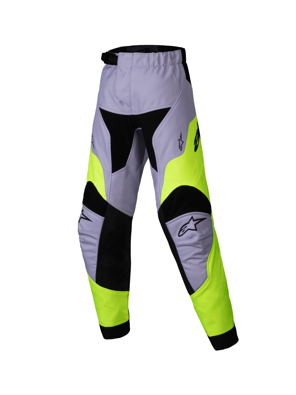 Alpinestars 2025 Kids Racer Veil Pants, pantalones de motocross juveniles, gris y amarillo neón, diseño técnico multipanel con detalles en negro, logotipos de estrella Alpinestars en las rodillas, textil duradero para carreras off-road