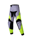 Alpinestars 2025 Kids Racer Veil Pants, pantalones de motocross juveniles, gris y amarillo neón, diseño técnico multipanel con detalles en negro, logotipos de estrella Alpinestars en las rodillas, textil duradero para carreras off-road