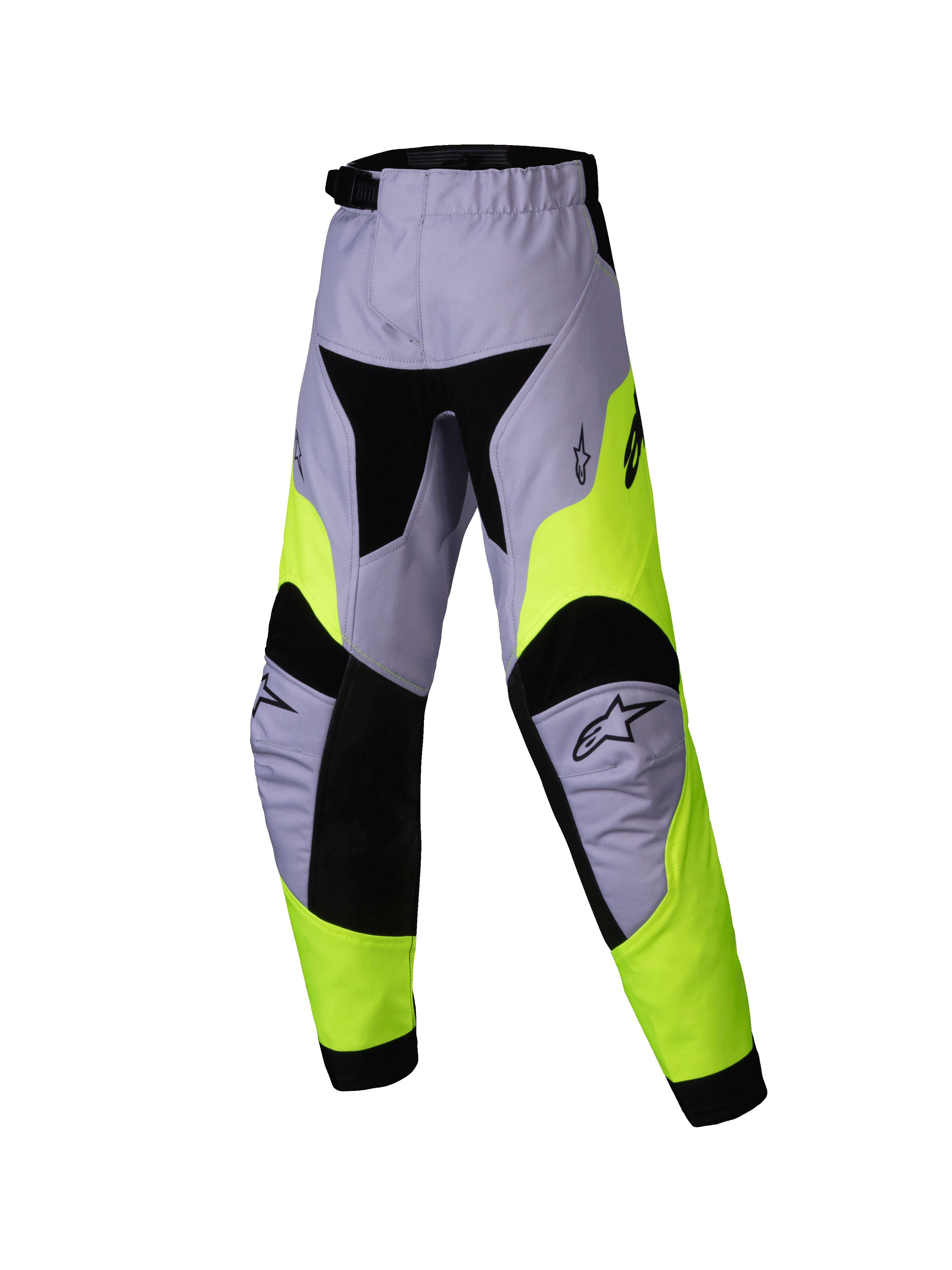 Alpinestars 2025 Kids Racer Veil Pants, pantalones de motocross juveniles, gris y amarillo neón, diseño técnico multipanel con detalles en negro, logotipos de estrella Alpinestars en las rodillas, textil duradero para carreras off-road