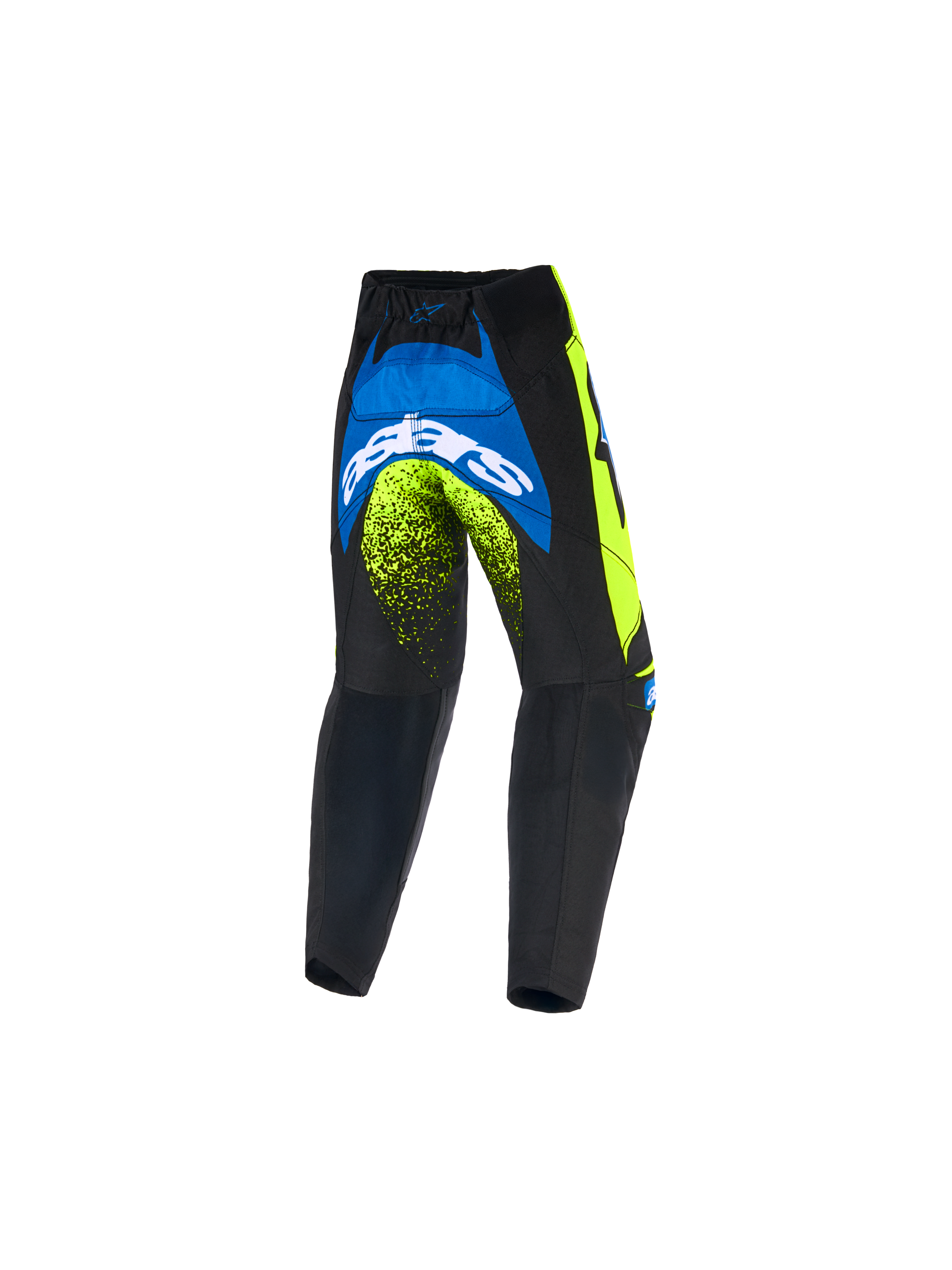 Alpinestars 2026 Kids Racer Nomur Pants, Youth Motocross Pants, Dark Navy, Yellow Fluo, and UCLA Blue, rear view showing bold white Astars logo and neon accents, durable off-road gear design