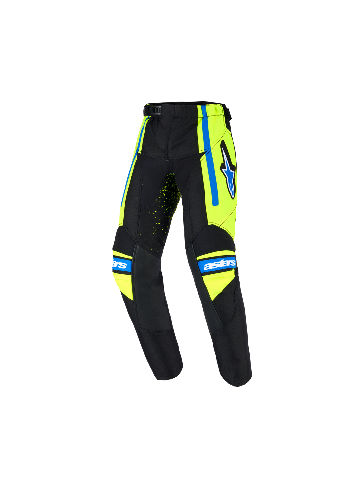 Alpinestars 2026 Kids Racer Nomur Pants, pantalones de motocross juveniles, azul marino oscuro con detalles en amarillo flúor y azul UCLA, con el logotipo de la estrella en el muslo, marca 'astars' en las rodillas y diseño ergonómico precurvado para carreras off-road