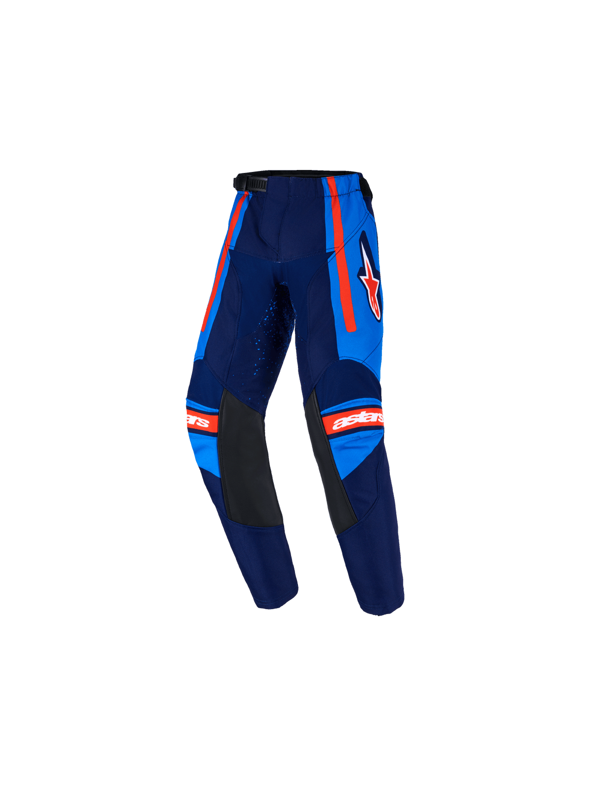 Alpinestars 2026 Kids Racer Nomur Pants, pantalones de motocross juveniles, azul marino oscuro y azul UCLA con detalles naranjas, paneles interiores de cuero negro en las rodillas, franjas laterales naranjas, logotipo Astars blanco y diseño precurvado para carreras off-road
