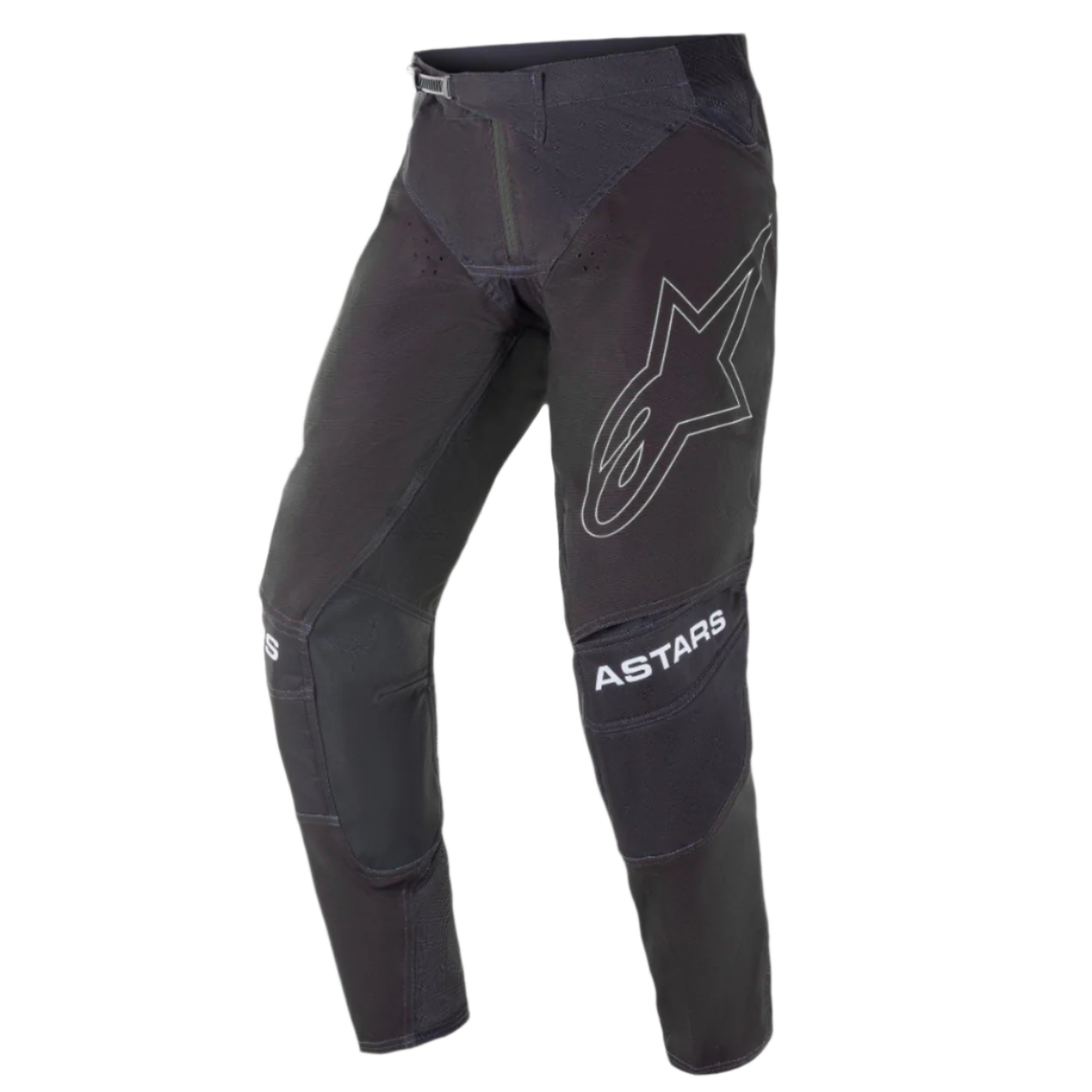 Alpinestars 2021 Techstar Phantom Pants, pantalones de motocross, negros con detalles blancos, con un gran logotipo de estrella perfilado en el muslo, marca ASTARS en las rodillas, tejido técnico antidesgarro con zonas perforadas y construcción de rodilla 3D Babel para un alto rendimiento en carreras todoterreno