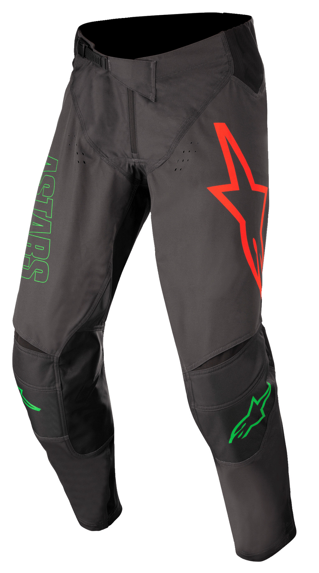 Alpinestars Techstar Phantom Pants, pantalones de motocross, color antracita y verde neón, con un gran logo de estrella roja en el muslo izquierdo, marca ASTARS en verde en el lateral, paneles de rodilla negros reforzados, cierre de cintura ajustable con trinquete, equipamiento de alto rendimiento duradero para carreras de motocross