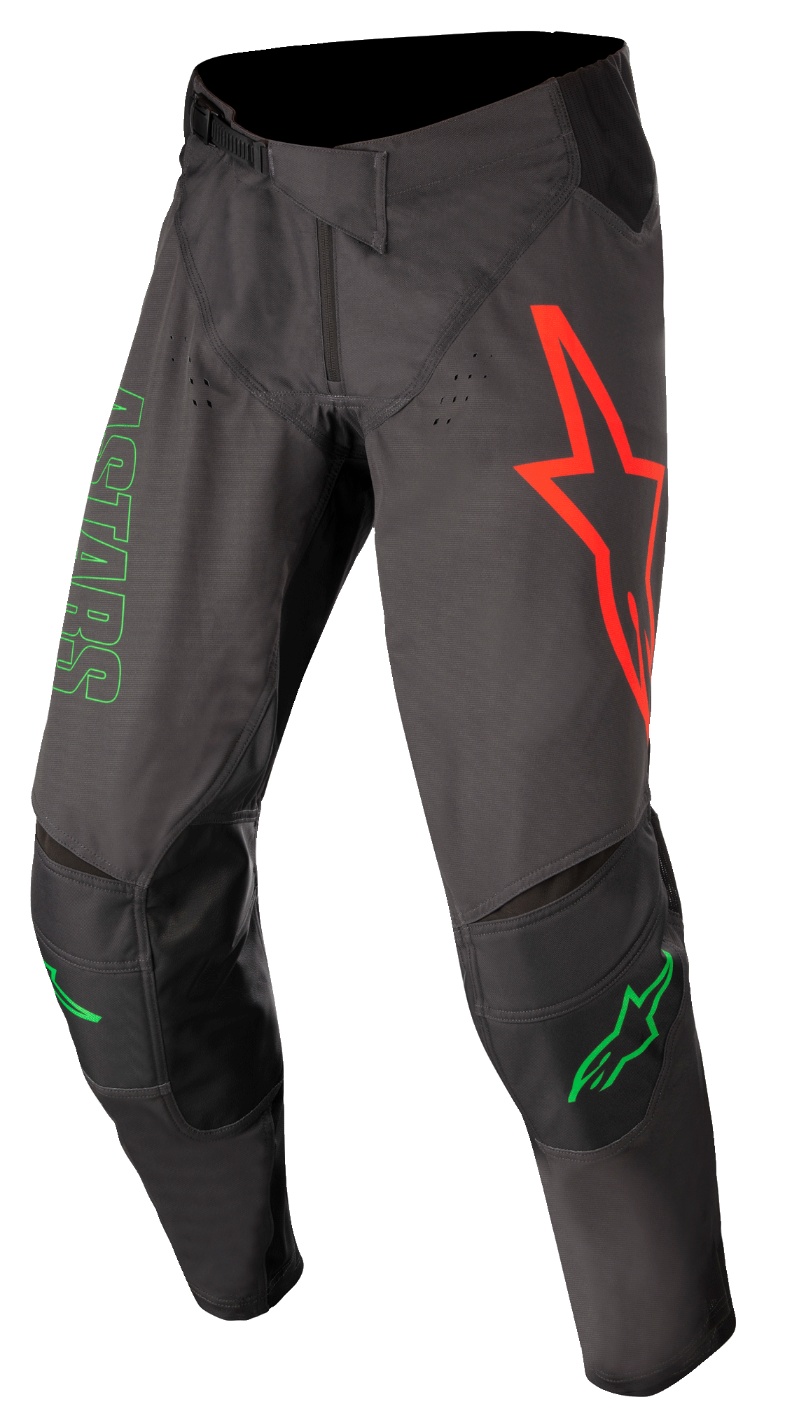 Alpinestars Techstar Phantom Pants, pantalones de motocross, color antracita y verde neón, con un gran logo de estrella roja en el muslo izquierdo, marca ASTARS en verde en el lateral, paneles de rodilla negros reforzados, cierre de cintura ajustable con trinquete, equipamiento de alto rendimiento duradero para carreras de motocross