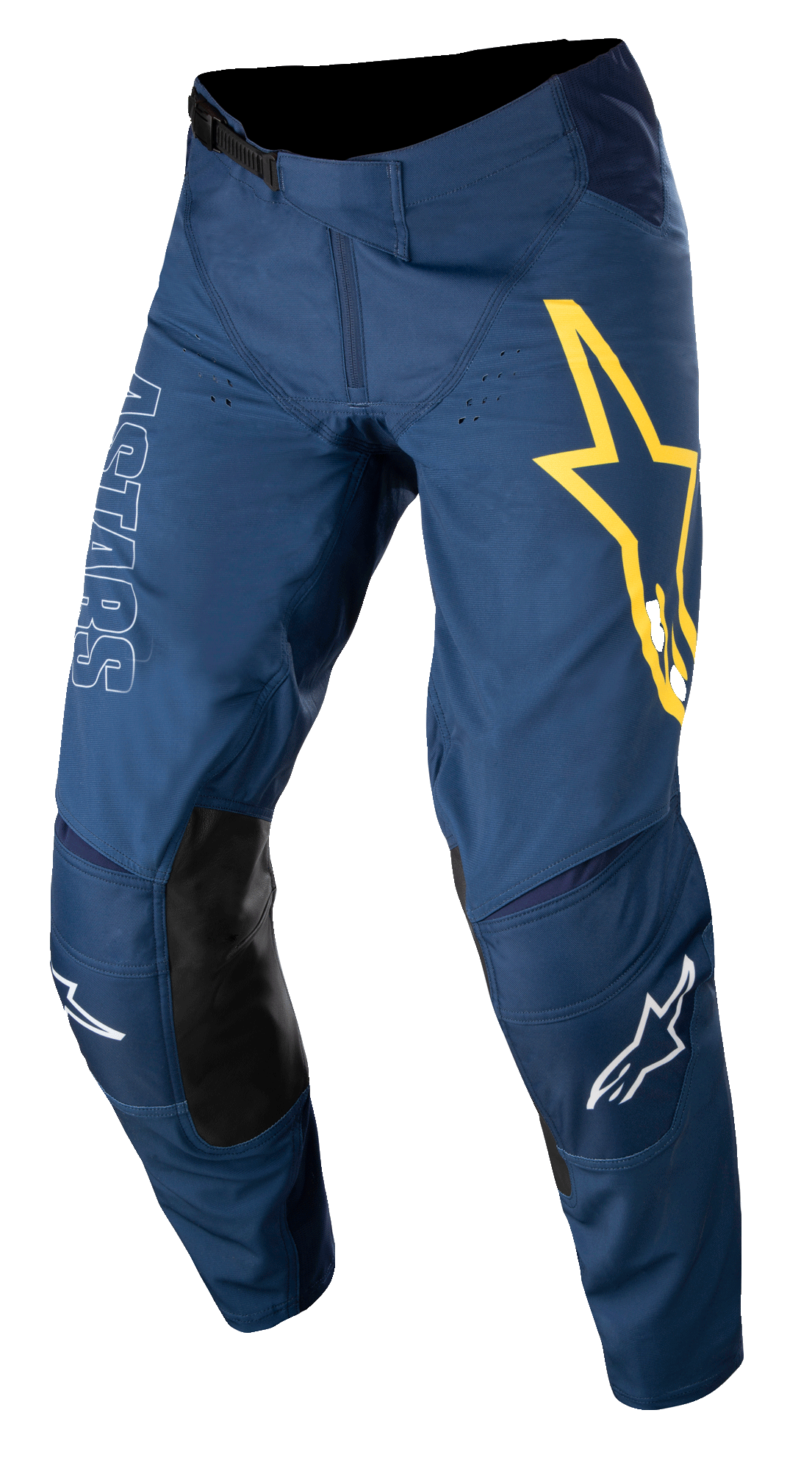 Alpinestars Techstar Phantom Pants, pantalones de motocross, azul oscuro con acentos amarillos y blancos, con paneles de cuero negro en las rodillas, gran logo de estrella amarilla en el muslo, marca ASTARS en blanco, tejido rip-stop elástico duradero para carreras off-road