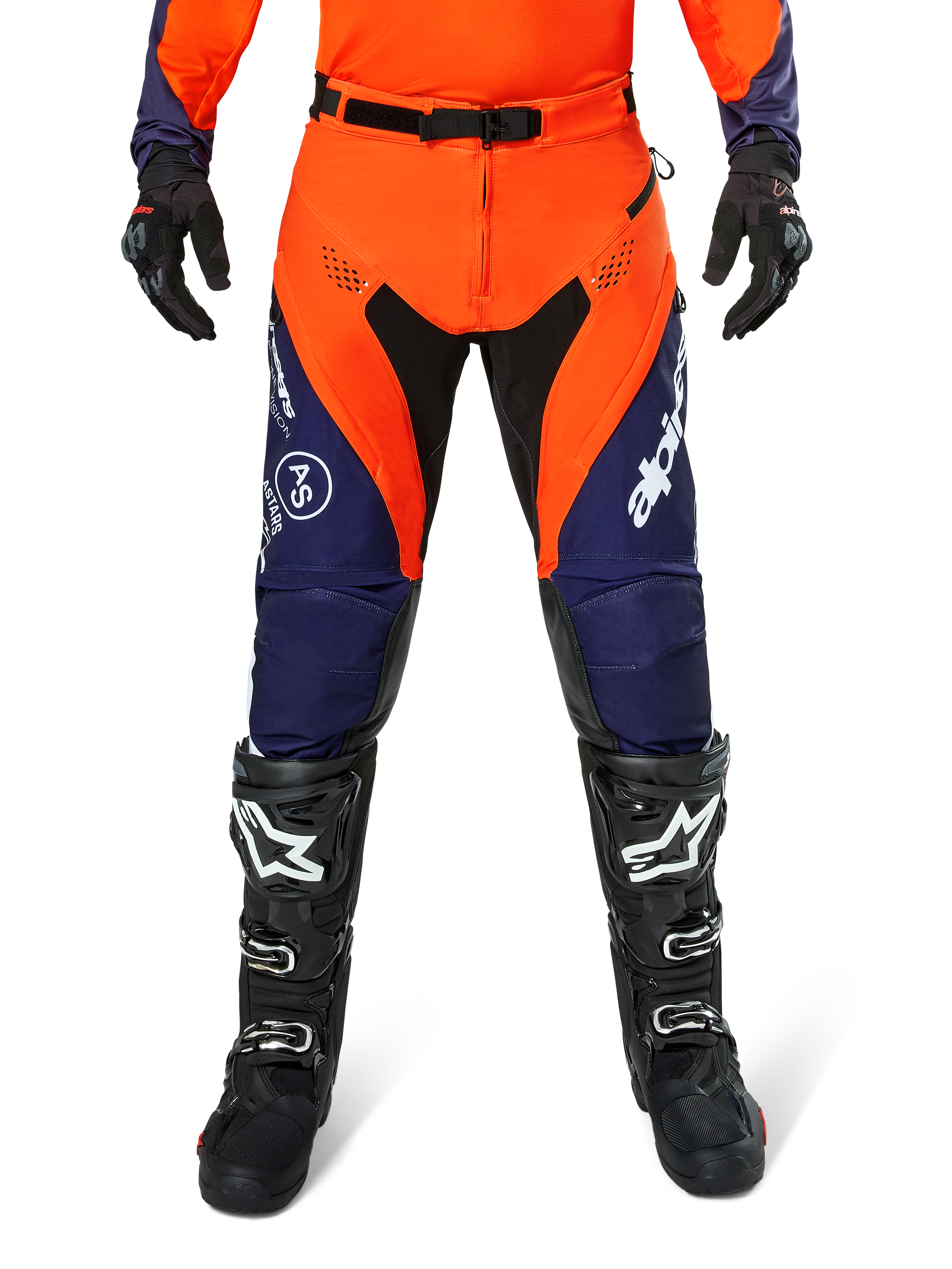 Alpinestars Pro-Dura Pants, Motocross and Enduro Pants, Navy Hot Orange and White, featuring black panels and white logos, worn with black off-road boots and gloves, professional protective gear for trail and off-road riding