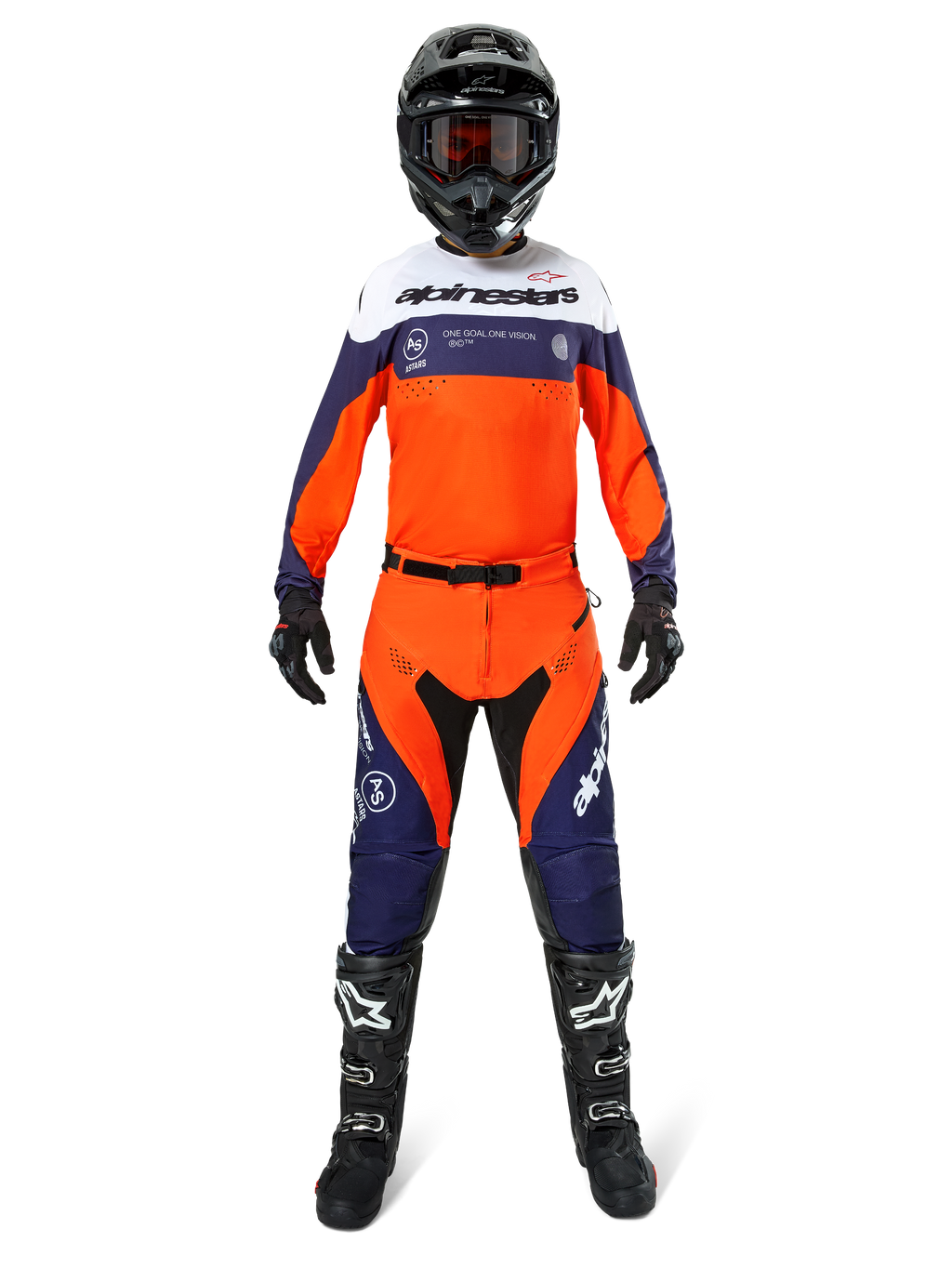 Motocross rider wearing Alpinestars Pro-Dura Pants in Navy Hot Orange White, featuring a matching long-sleeve jersey, black helmet with goggles, black gloves, and black motocross boots, complete off-road racing gear.