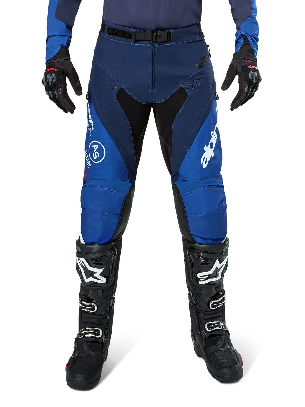 Alpinestars Pro-Dura Pants, Motocross Pants, Navy and Bright Blue with White accents, front view worn with black boots and gloves, technical design for enduro and off-road riding