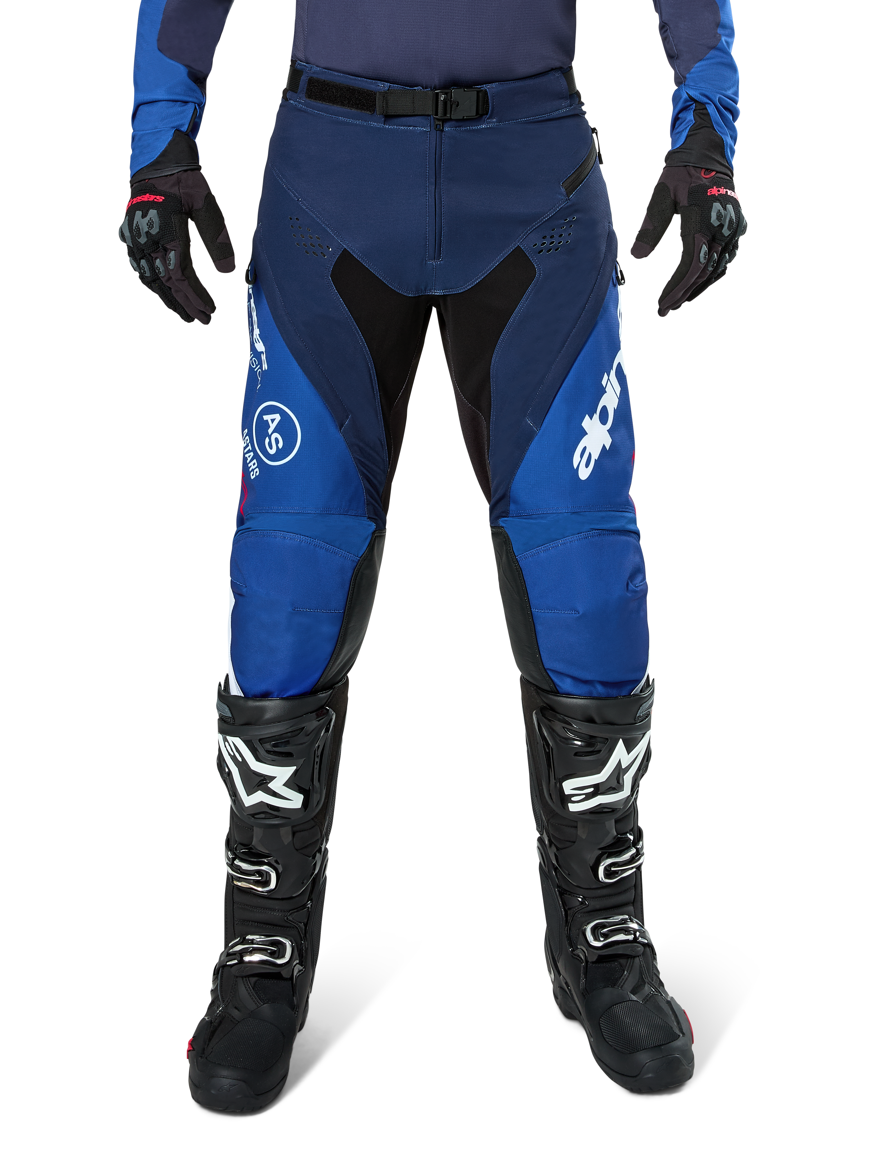 Alpinestars Pro-Dura Pants, Motocross Pants, Navy and Bright Blue with White accents, front view worn with black boots and gloves, technical design for enduro and off-road riding