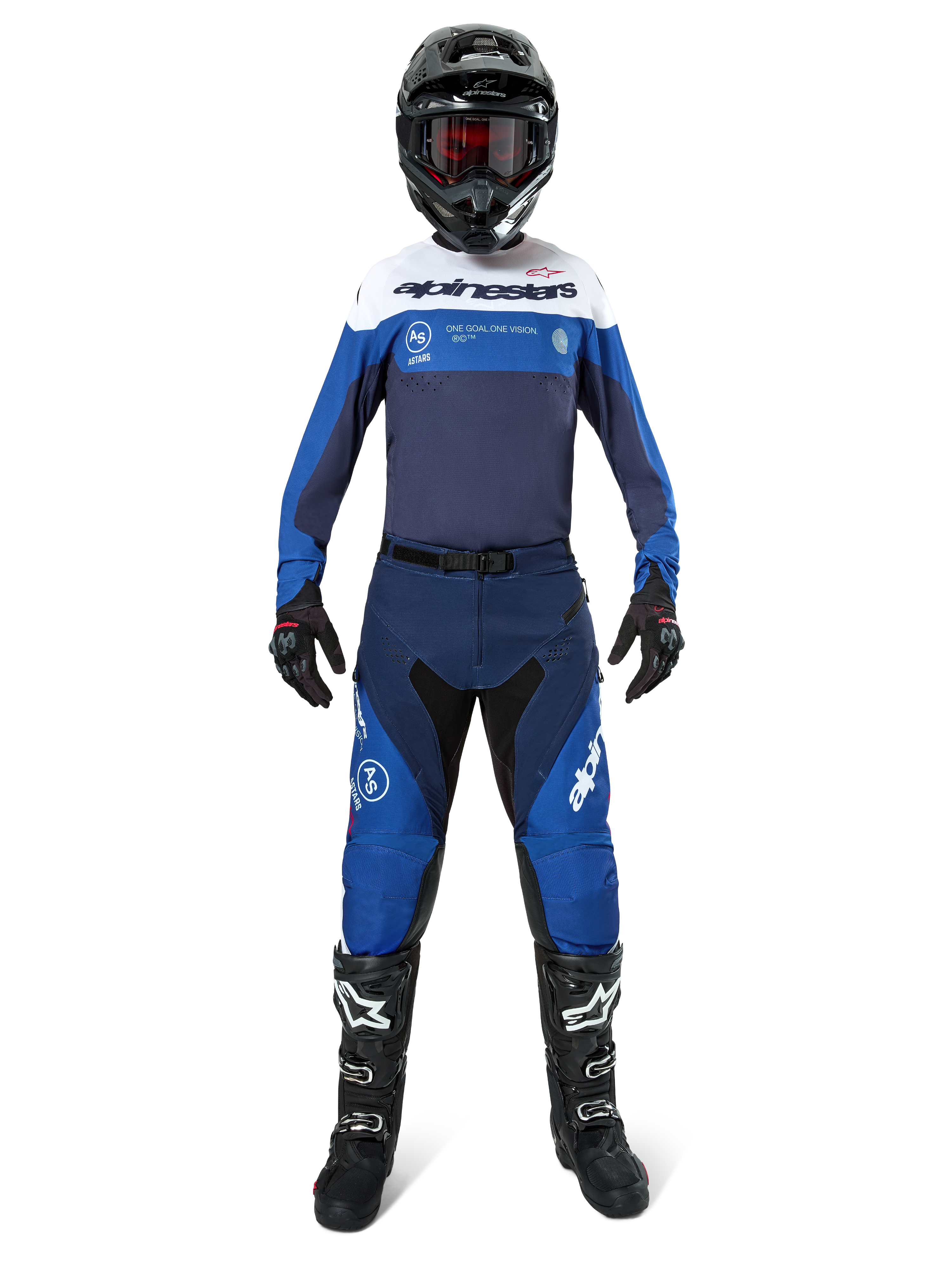 Alpinestars Pro-Dura Pants, Motocross and Enduro Pants, Navy Bright Blue and White, worn by a rider in a complete racing kit with a matching jersey, black helmet, red goggles, and black boots, professional off-road gear setup