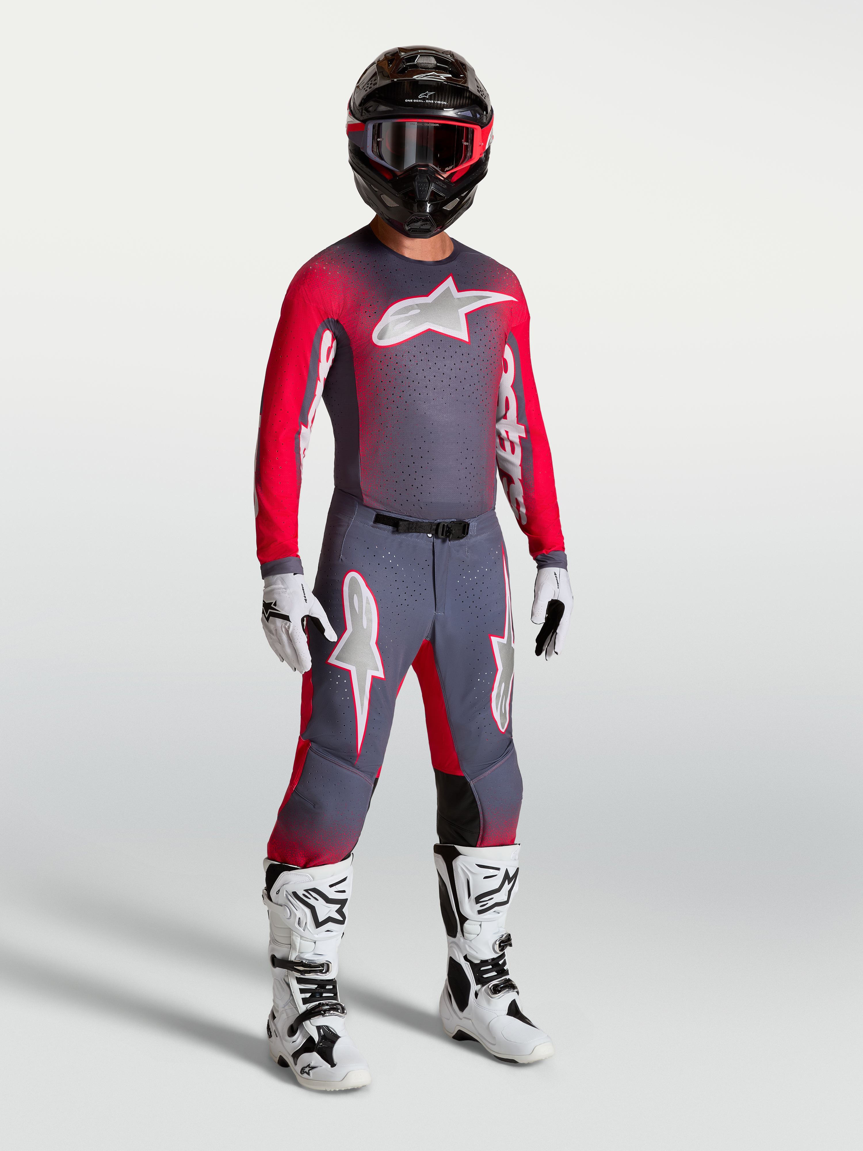 Alpinestars Supertech Hiten AFD Gear Set y Pantalones, equipo de motocross para hombre, gris y rojo flúor, ajuste atlético.