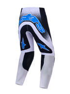 Alpinestars Supertech Hiten AFD, pantalones de motocross negros, blancos y azules, vista trasera con tejido de malla elástica