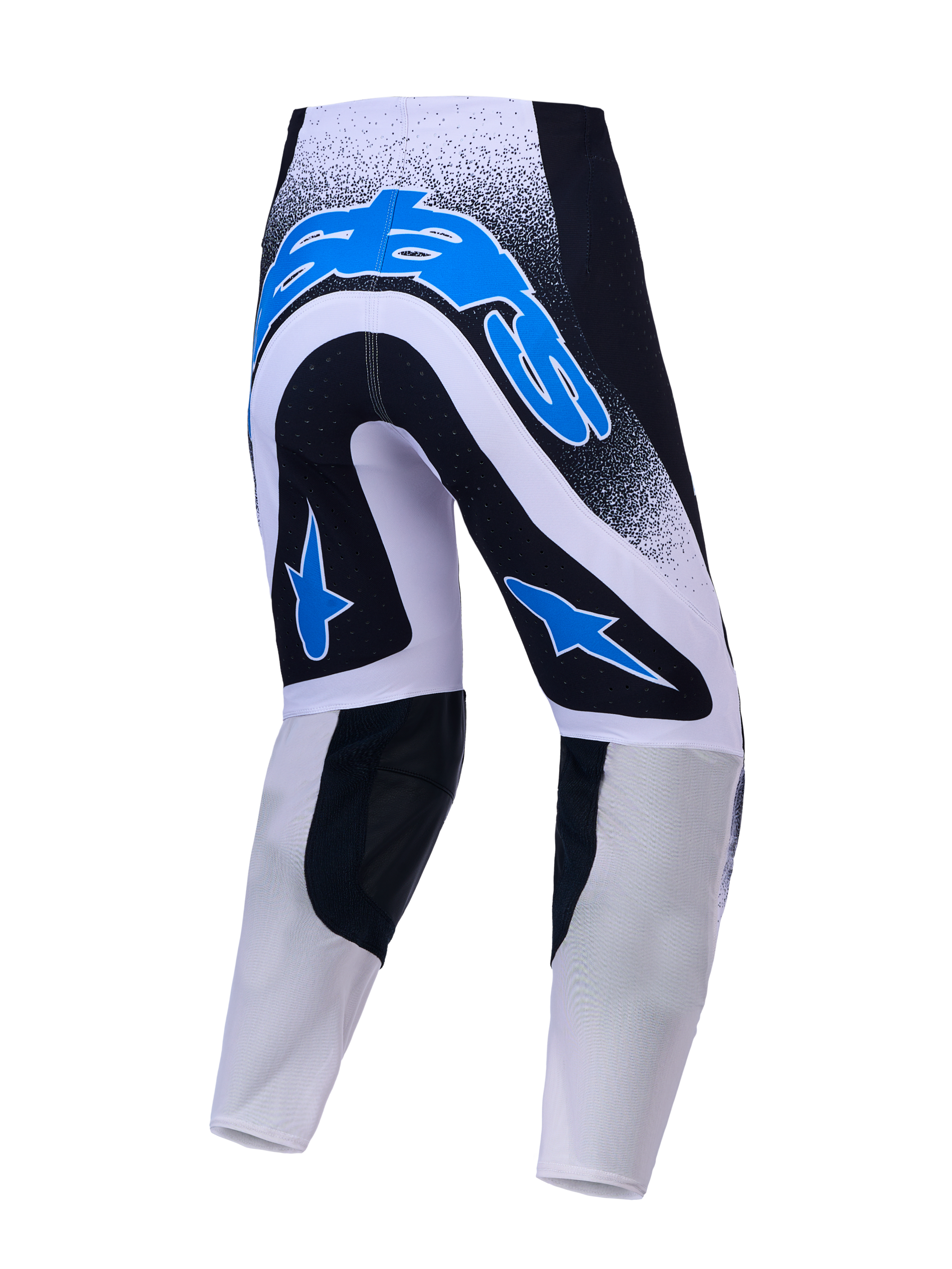 Alpinestars Supertech Hiten AFD, pantalones de motocross negros, blancos y azules, vista trasera con tejido de malla elástica