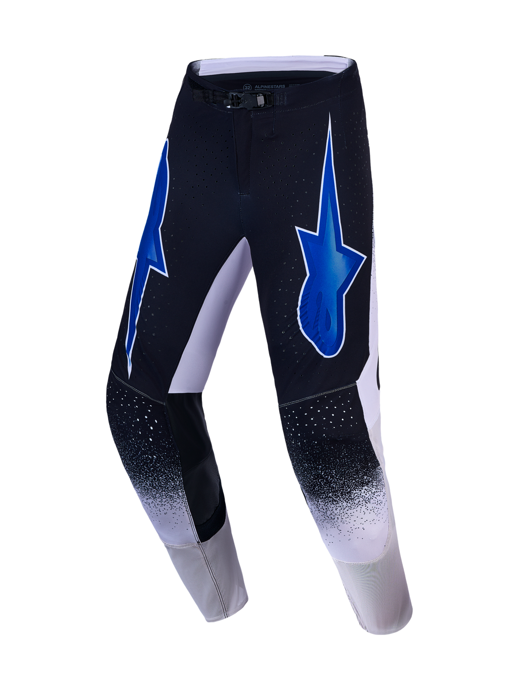 Alpinestars Supertech Hiten AFD, pantalones de motocross para off-road, negros y blancos con gráficos de estrellas azules y ventilación de alto rendimiento.
