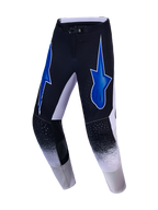 Alpinestars Supertech Hiten AFD, pantalones de motocross para off-road, negros y blancos con gráficos de estrellas azules y ventilación de alto rendimiento.