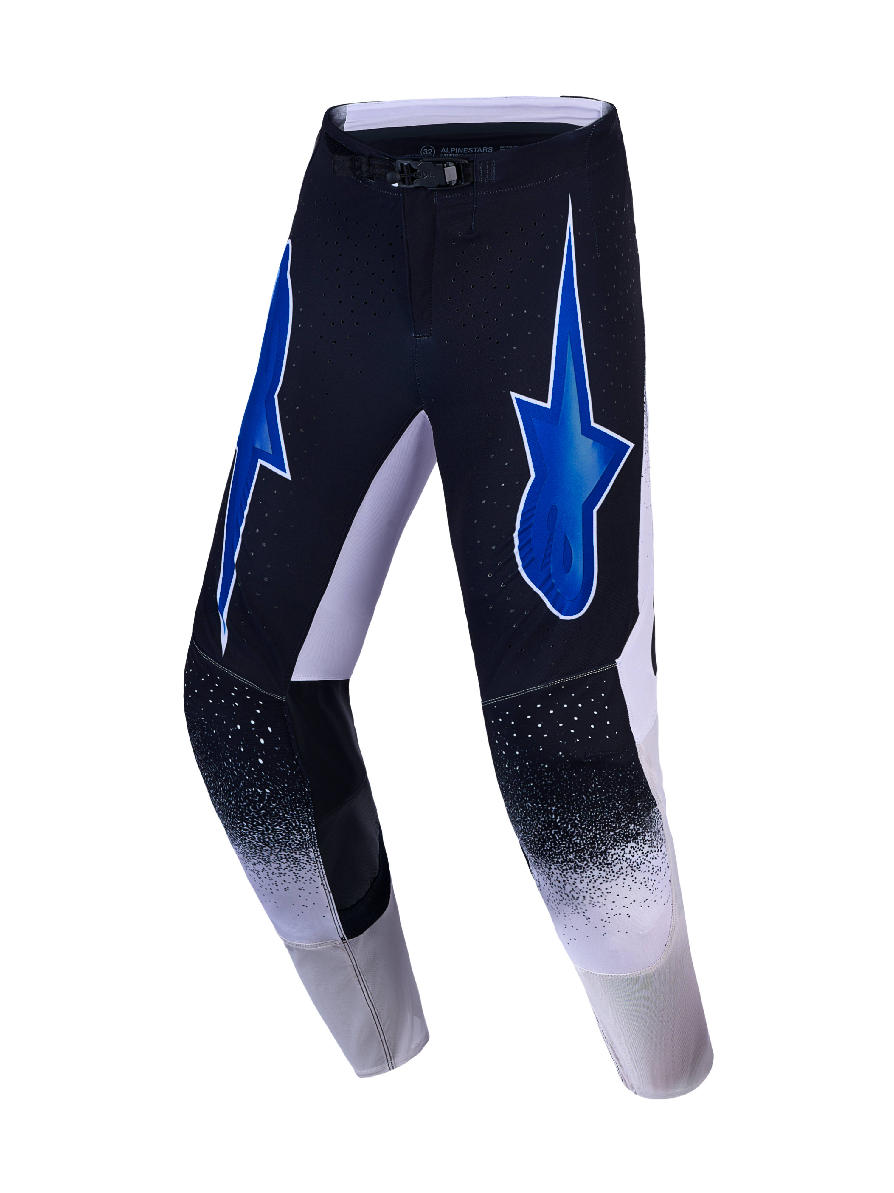 Alpinestars Supertech Hiten AFD, pantalones de motocross para hombre, negros y azules con detalles blancos, ajuste atlético y logotipos de estrella