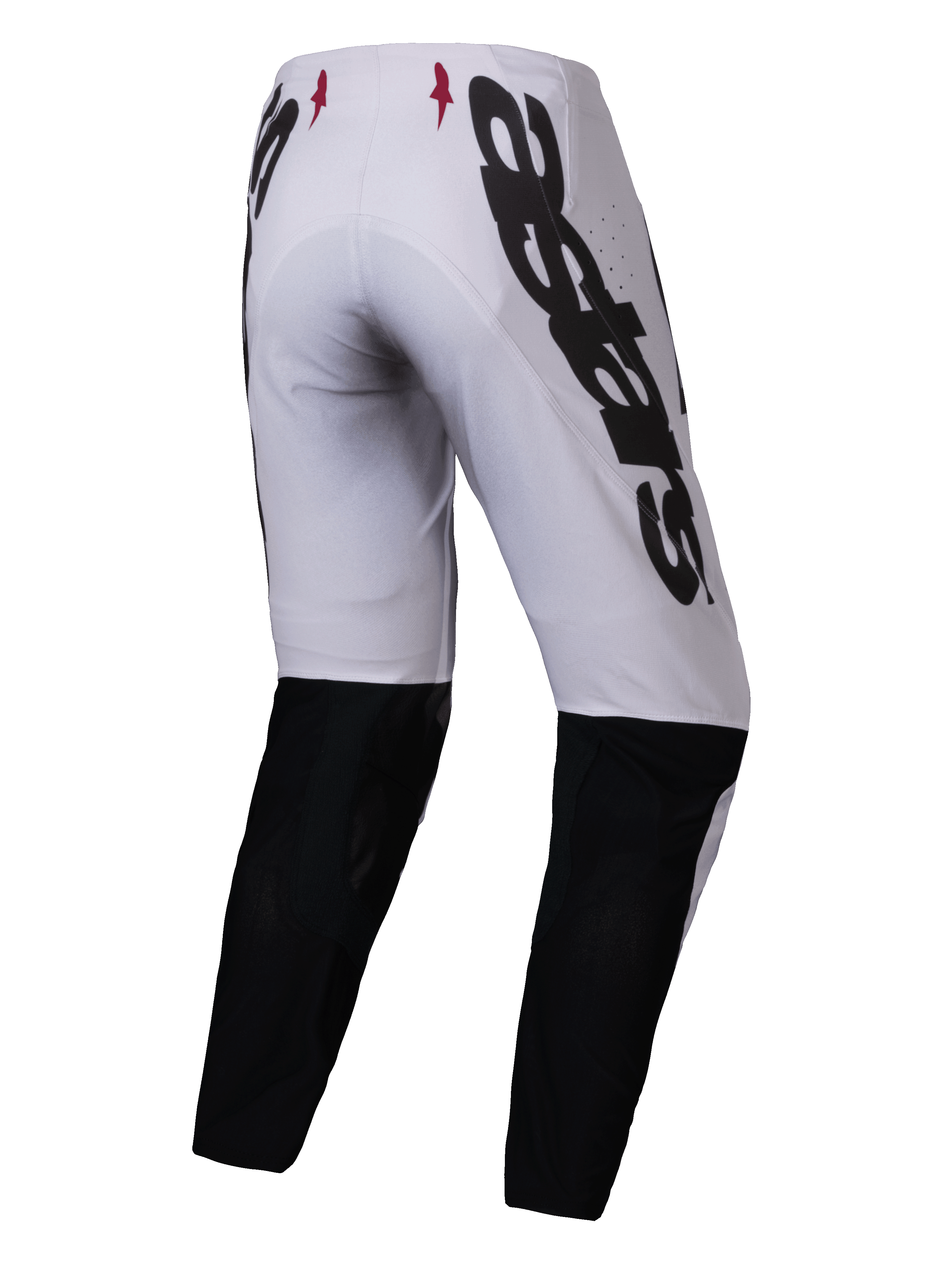 Alpinestars Supertech Maker 2025, pantalones de motocross, plata y negro, vista trasera con logotipo Alpinestars grande en negro en el lateral, paneles inferiores de las piernas en negro y pequeños logotipos de estrellas rojas en la cintura, diseñados para un rendimiento profesional todoterreno.