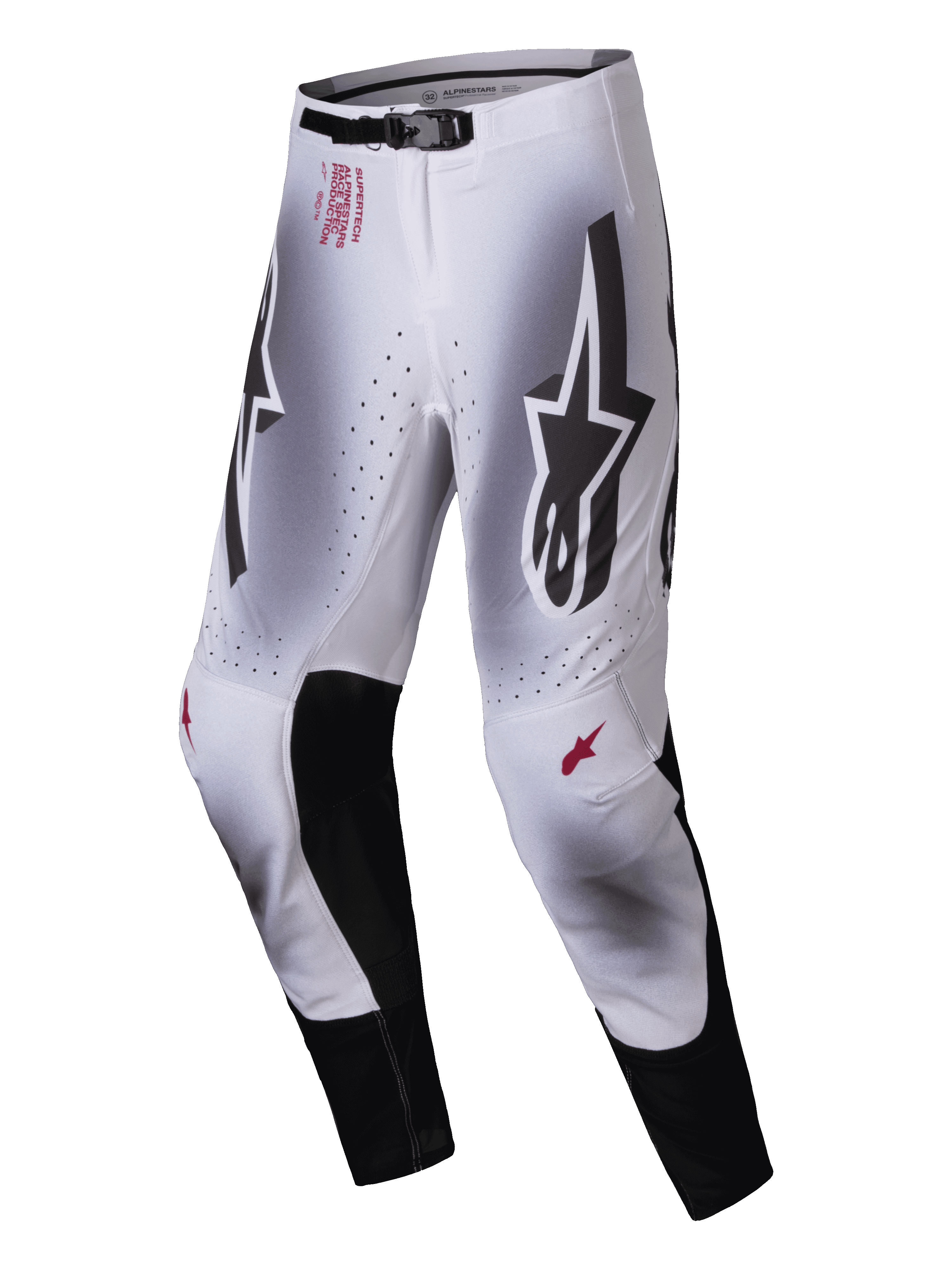 Alpinestars 2025 Supertech Maker Pants, pantalones de motocross, color plata y negro, con grandes logotipos Astars negros en los muslos, marca técnica roja en la cadera, paneles interiores de cuero negro en las rodillas y zonas de ventilación perforadas