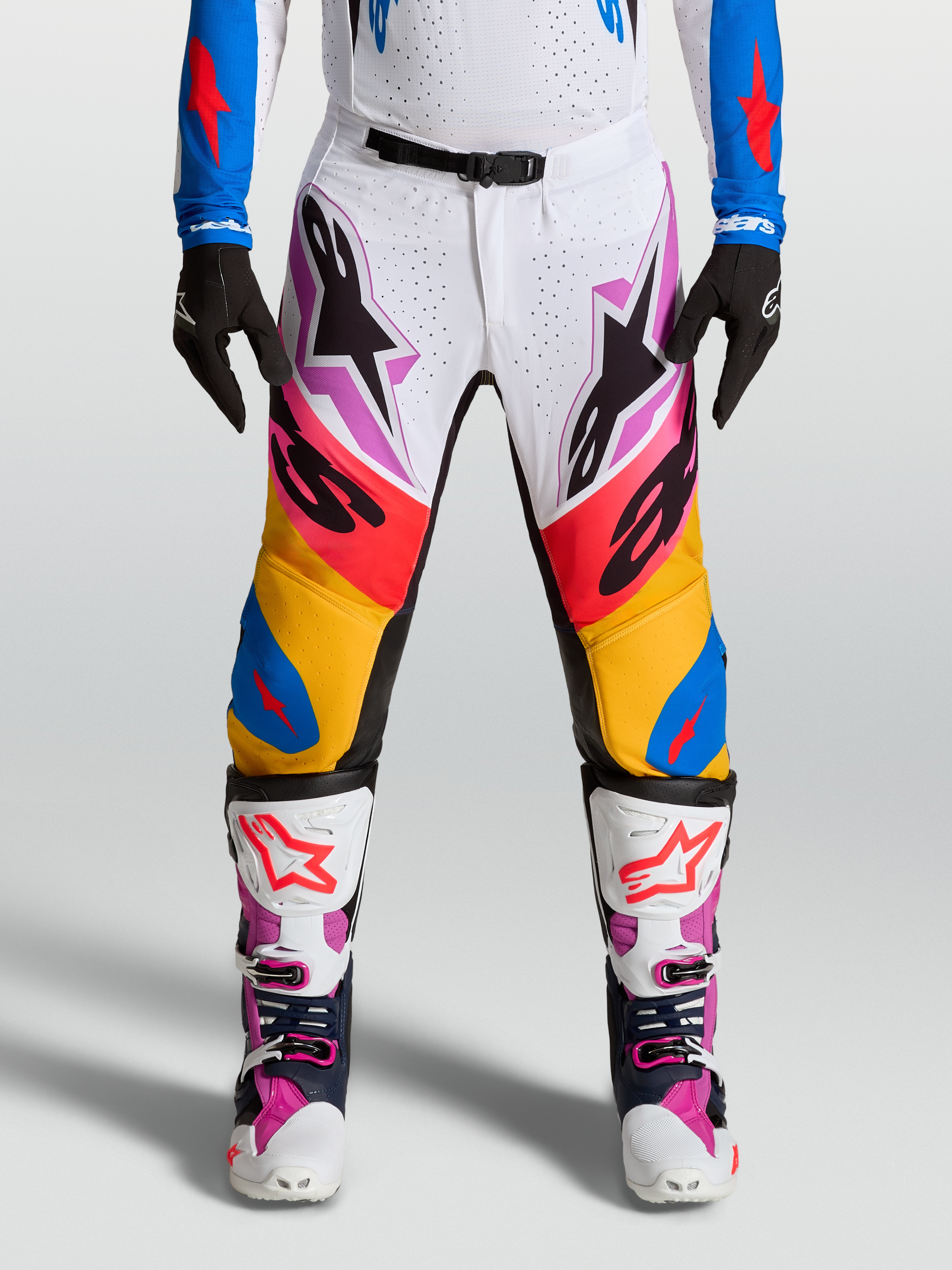 Alpinestars Supertech Dyna, pantalones de motocross para hombre, blancos y azules, rip-stop elástico con paneles de cuero