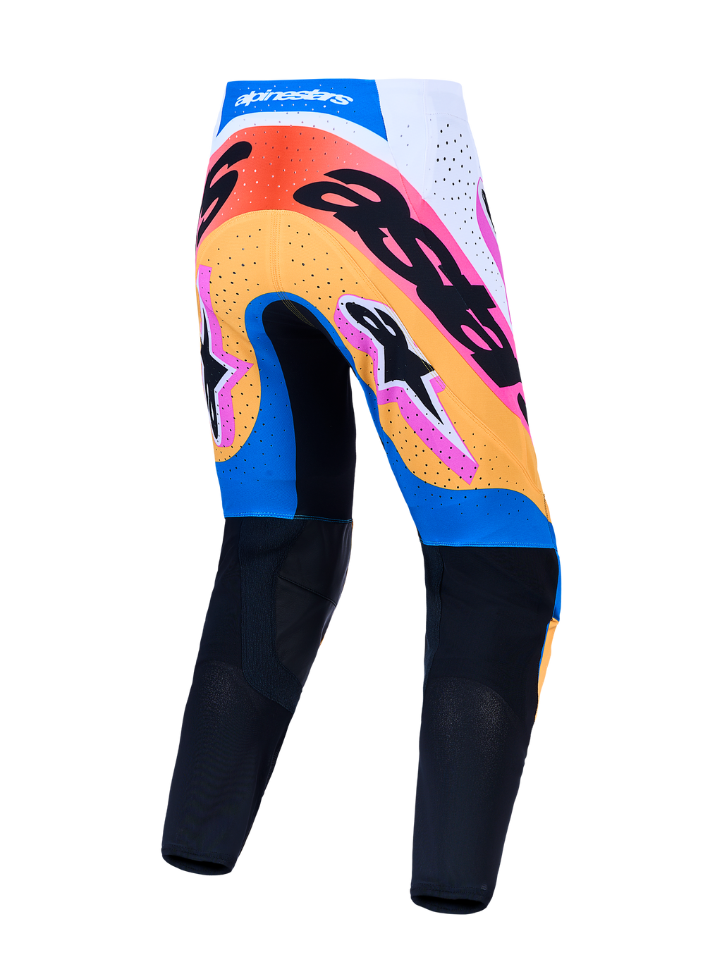 Men's Alpinestars Supertech Dyna Motocross Pants in blue and orange, rear view with perforated panels and athletic race fit.