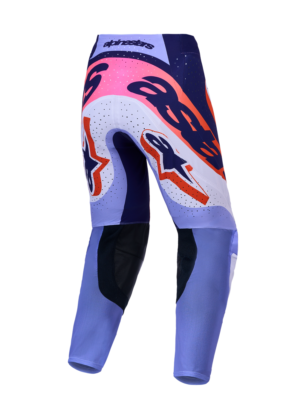 Alpinestars Supertech Dyna, pantalones de motocross para hombre, vista trasera, violetas y morados con detalles rosa flúor.