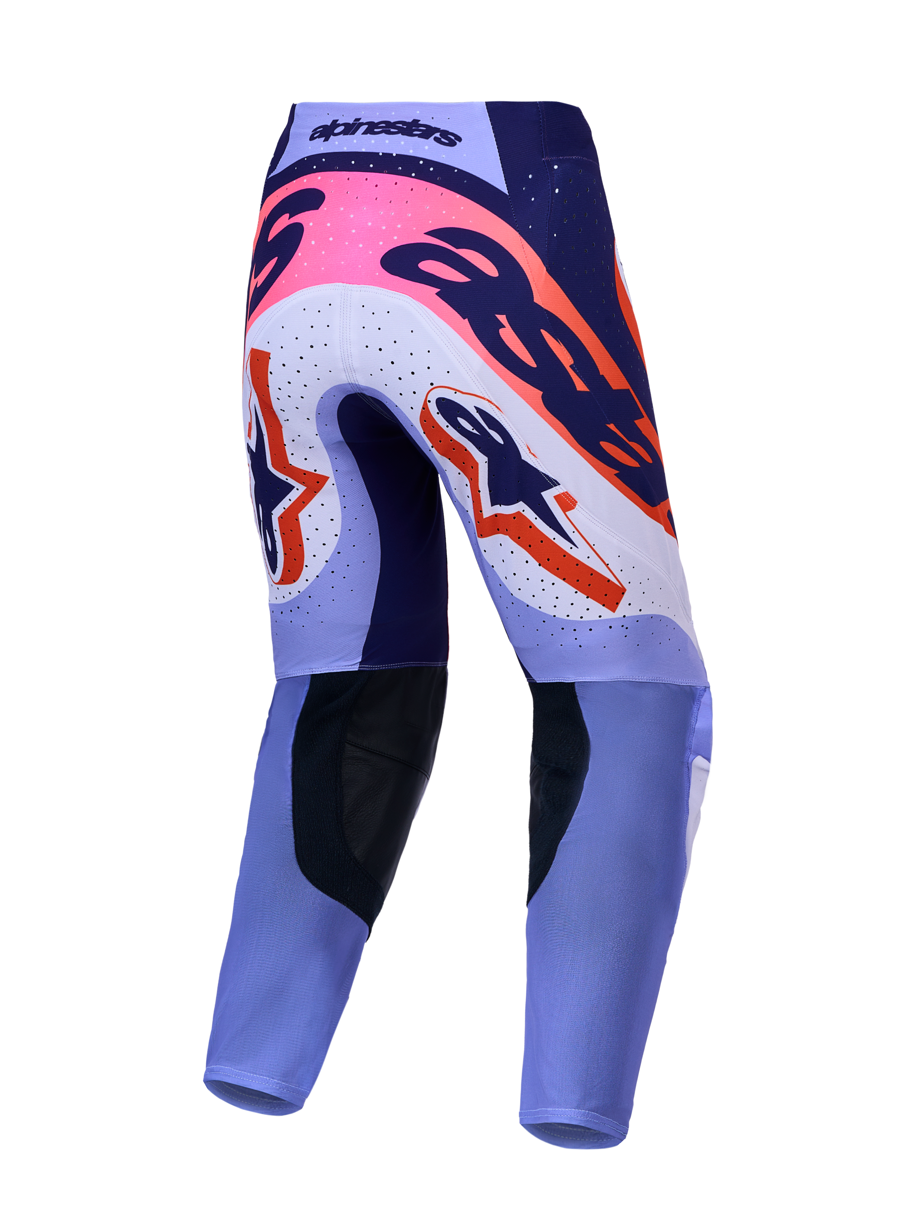 Alpinestars Supertech Dyna, pantalones de motocross para hombre, vista trasera, violetas y morados con detalles rosa flúor.