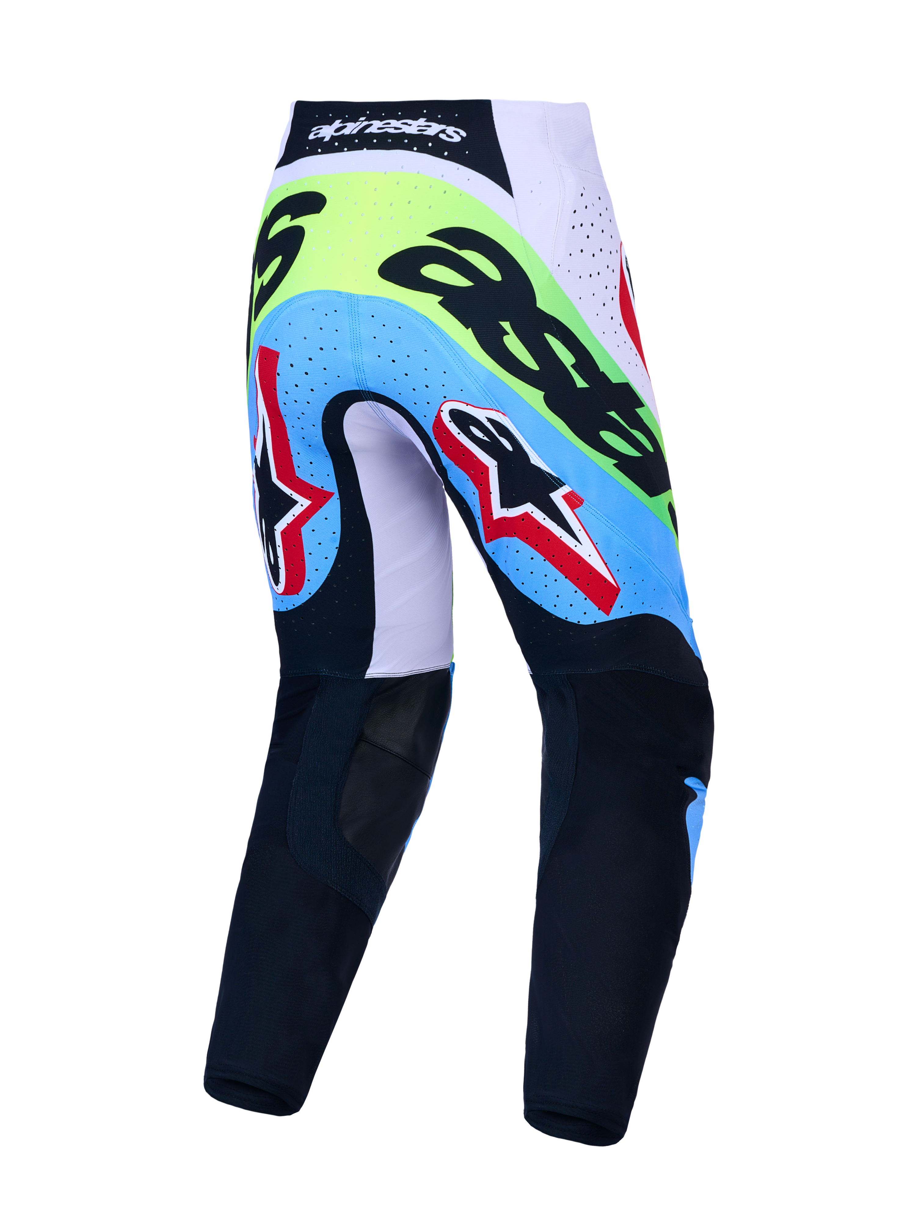 Pantalones Alpinestars Supertech Dyna, de motocross para hombre, verde fluo y negro, vista trasera con zonas transpirables.