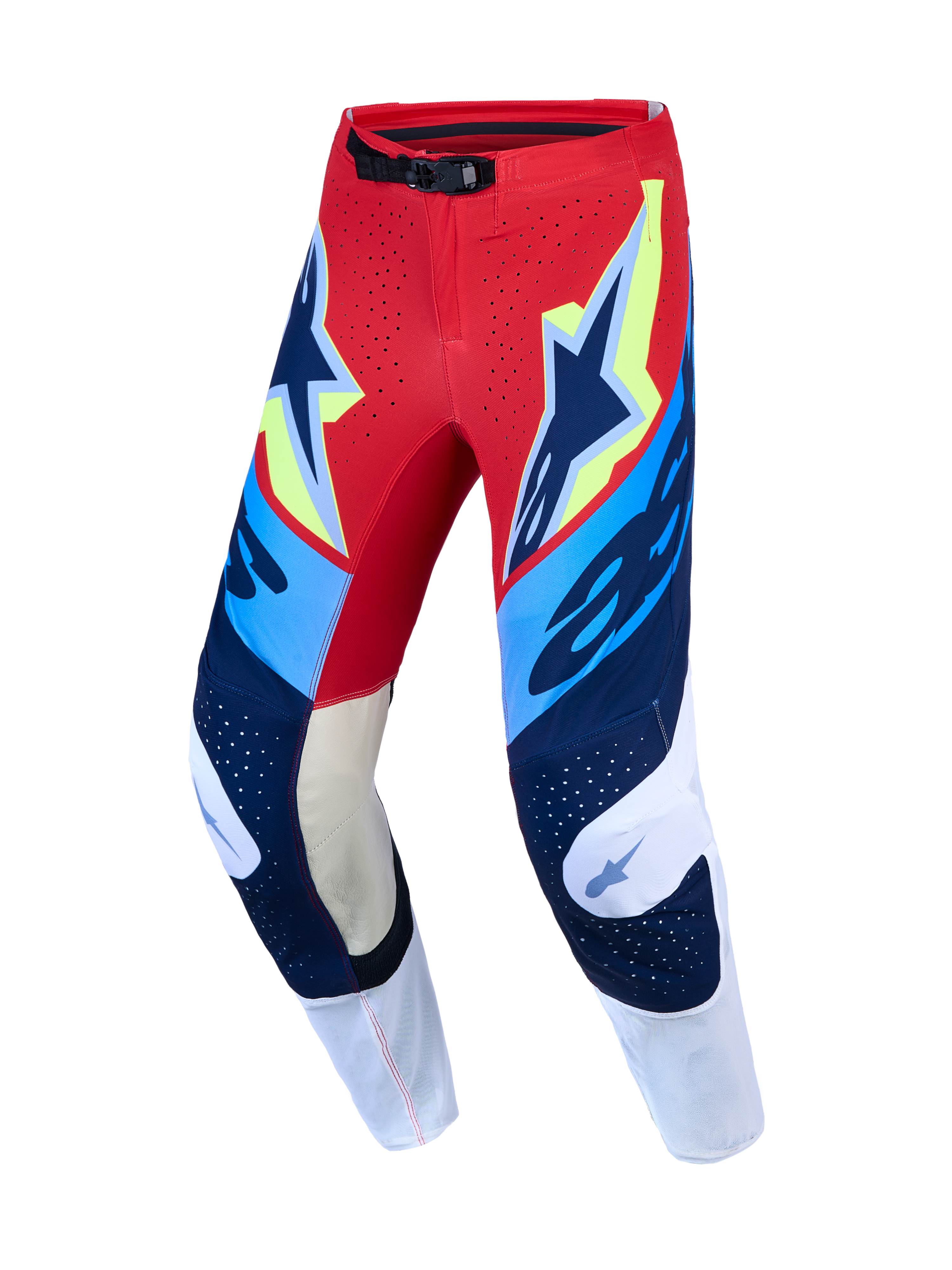 Alpinestars Supertech Dyna, pantalones de motocross para hombre, rojos, blancos y azul marino, paneles de rodilla en piel de cabra, diseño de alto rendimiento para competición